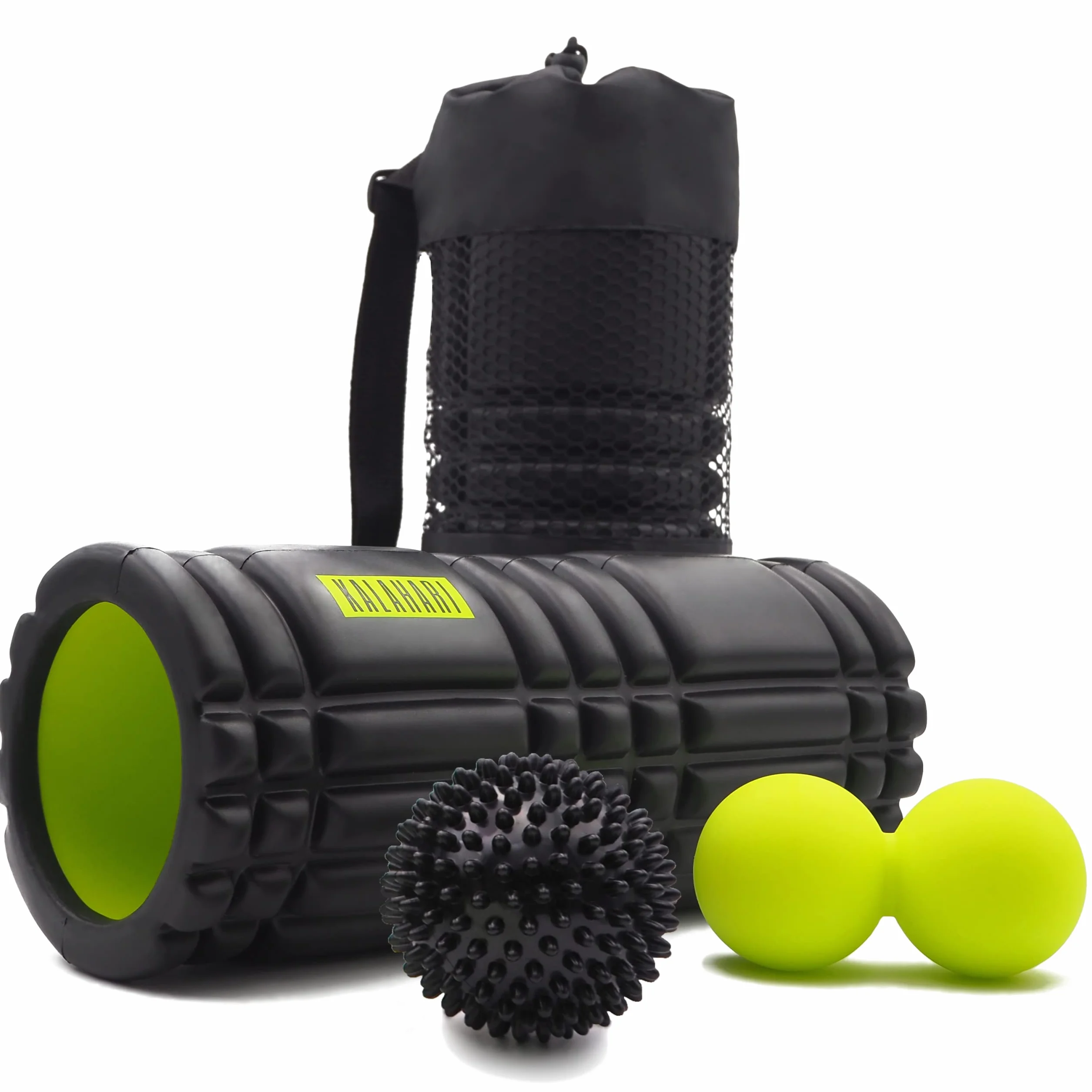 KALAHARI Zestaw Foam Roller 3 w 1 plus Ebook z ćwiczeniami - Wałek do masażu powięzi, Podwójna Piłka, Piłka z kolcami Jeż i wygodna Torba - Terapia Punktów Spustowych i Masaż Mięśniowo-Powięziowy