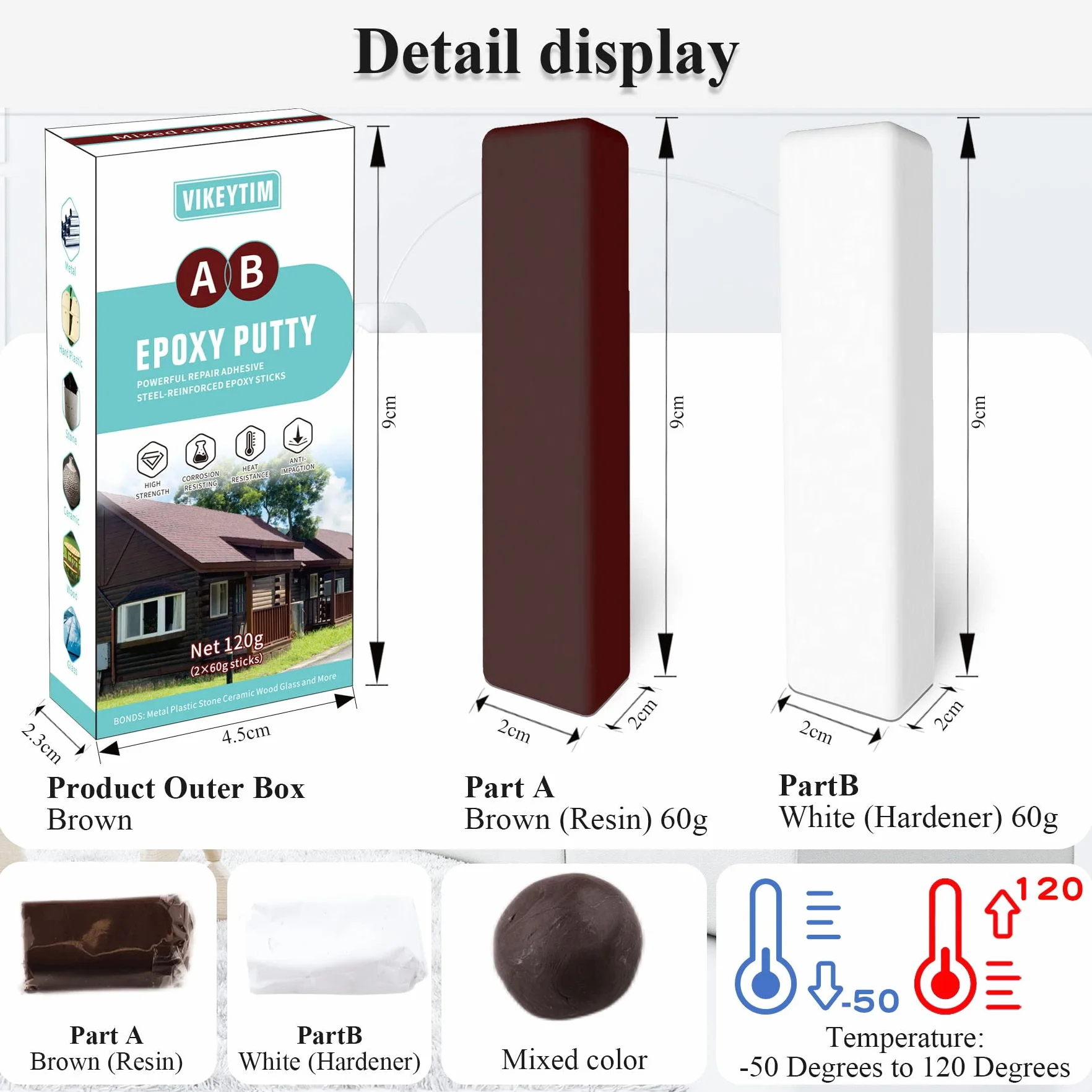 Epoxy plastelina 120g, 2-składnikowy klej do drewna, metalu, kamienia, twardego plastiku, akrylu, ceramiki, szkła, akrylu, akrylu, klejenia, bardzo twardy, odporny na wysokie (brązowy)