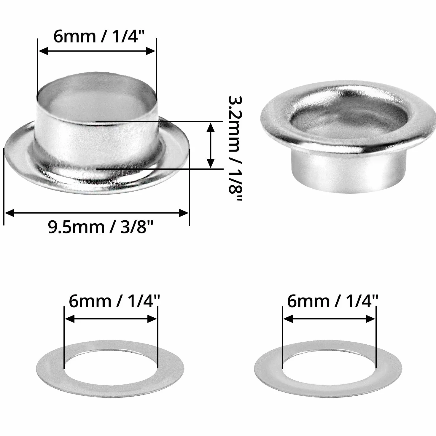 QWORK Zestaw narzędzi do przelotek, 1000 sztuk oczek przelotek i 1000 sztuk podkładek do oczek, 6 mm (1/4 cala), srebrny, do butów, odzieży, plandek z tkaniny skórzanej,washer self backing