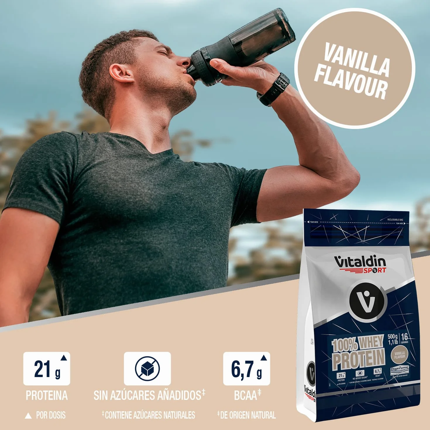 VITALDIN SPORT 100% Whey Protein Vanilla 500 g – 100% białko serwatkowe w proszku z Digezyme – budowa mięśni i regeneracja – smak waniliowy – 6,7 g BCAA na porcję – bez dodatku cukru