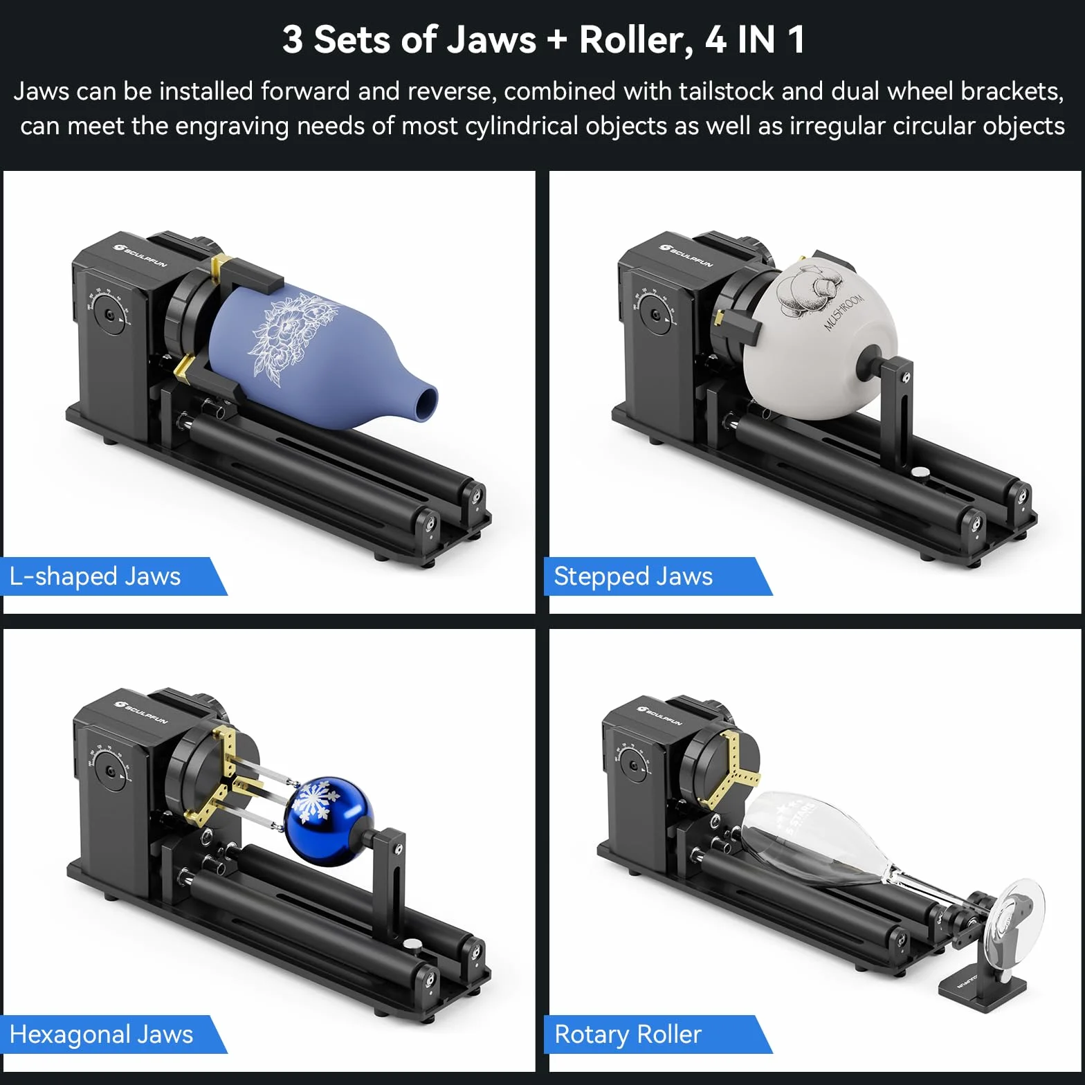 SCULPFUN RA Pro Max Laser Rotary Roller, 4 w 1, obrotowy uchwyt do maszyny do grawerowania laserowego, moduł rotacyjny osi Y, z regulowanym kątem 180°, do grawerowania cylindrycznych, nieregularnych