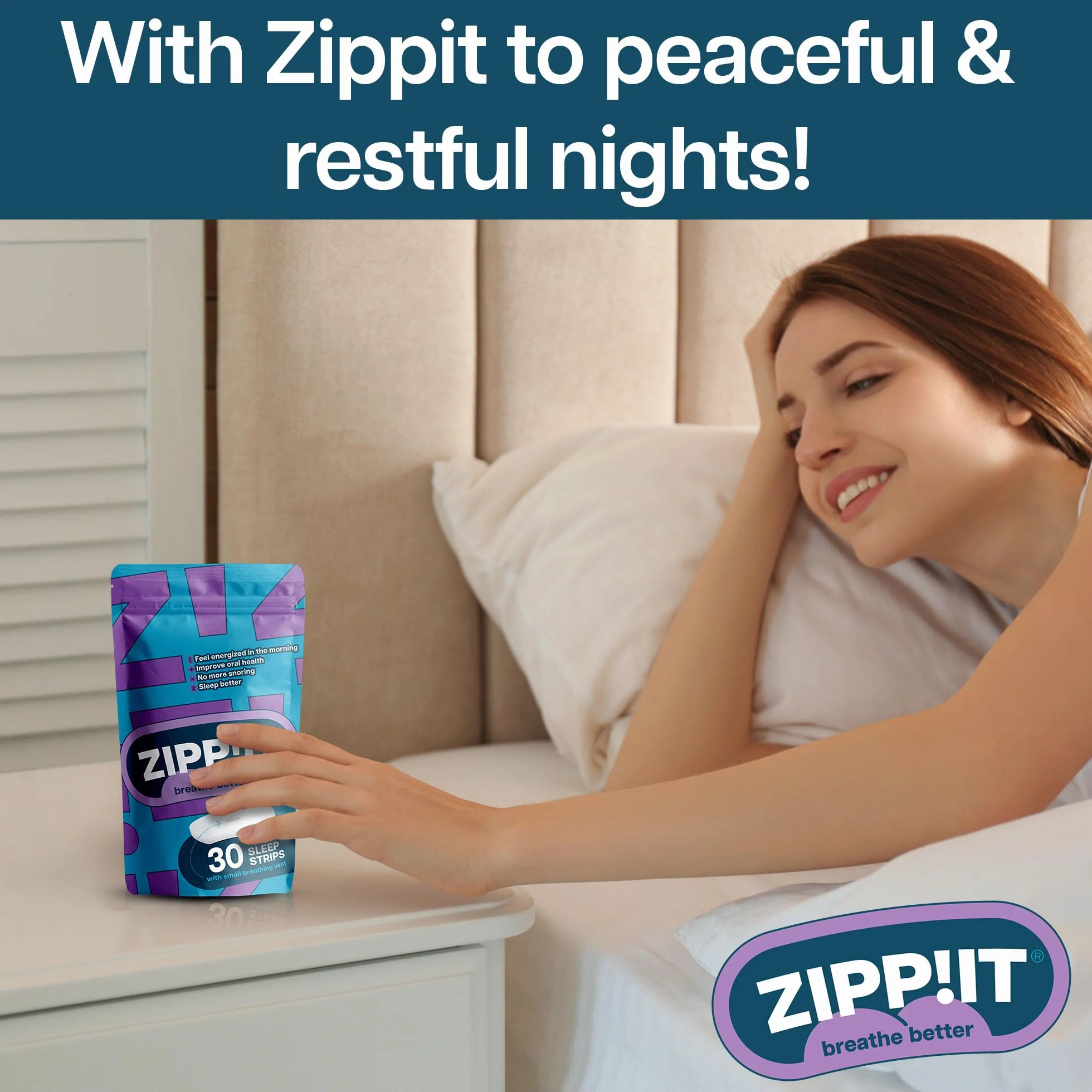 Zippit Taśma na usta do spania - 30 sztuk taśmy na usta z optymalnym dopasowaniem - Zatyczka do chrapania - Zippit plastry na chrapanie do zaklejania ust na noc