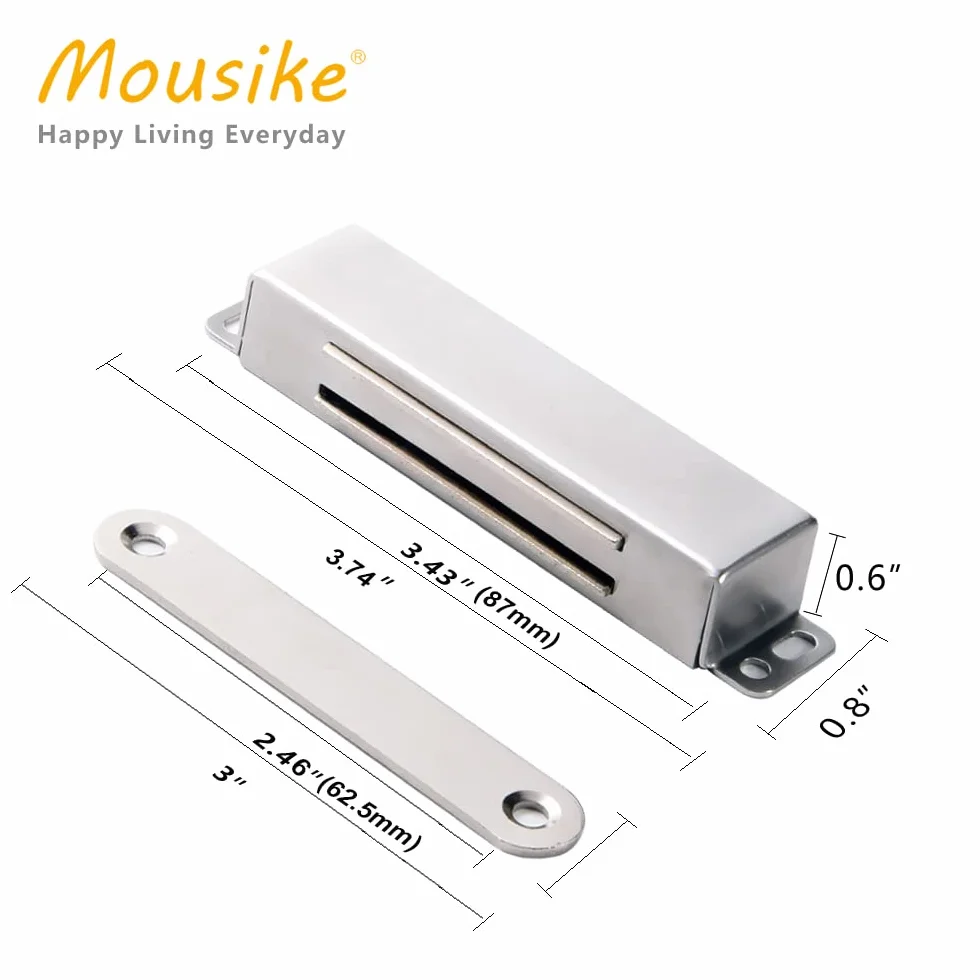 Mousike wytrzymały magnetyczny zatrzask do drzwi, 40 kg, magnesy na drzwi ze stali nierdzewnej, z mocnym magnesem, do szafki kuchennej (4 sztuki srebrne)
