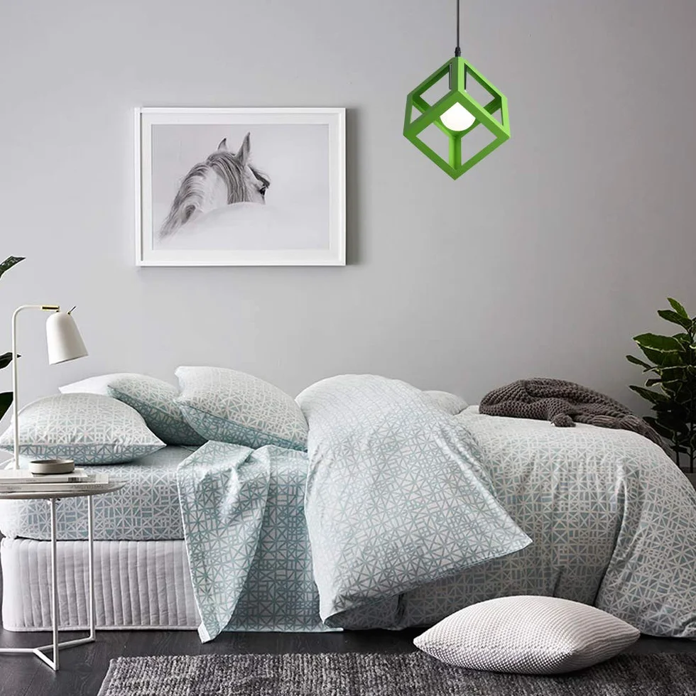 iDEGU Zestaw 2 nowoczesnych lamp wiszących, żyrandol, kształt sześcianu, geometryczny styl metalowy klosz lampy E27, wiszące oświetlenie do sypialni, salonu, restauracji - 16 cm, zielony