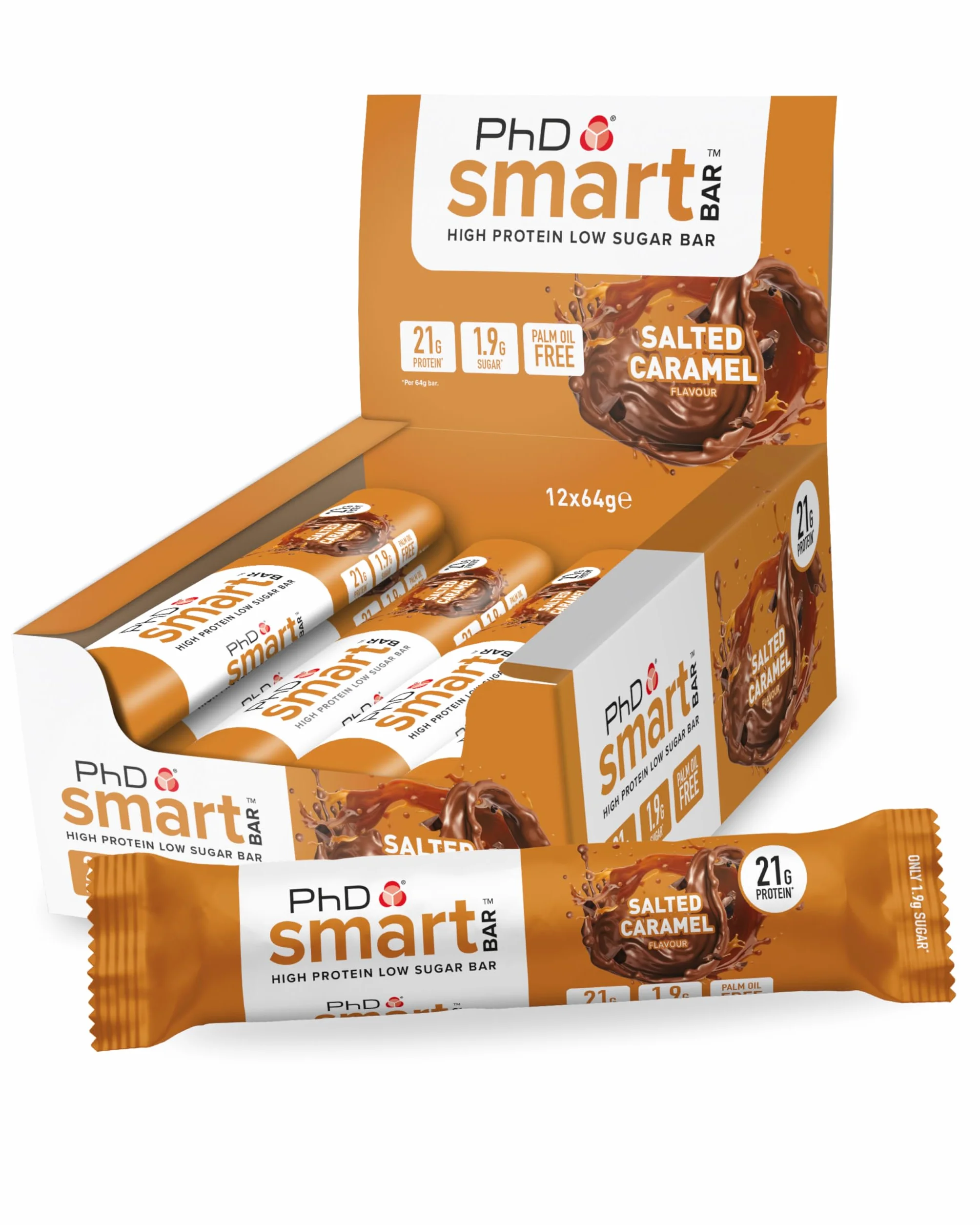 PhD Nutrition Smart Plant Bar niskokaloryczny, wysokobiałkowy, niskocukrowy wegański baton proteinowy/przekąski proteinowe, smak solonego karmelu, 20 g białka roślinnego, baton 64 g (12 sztuk)