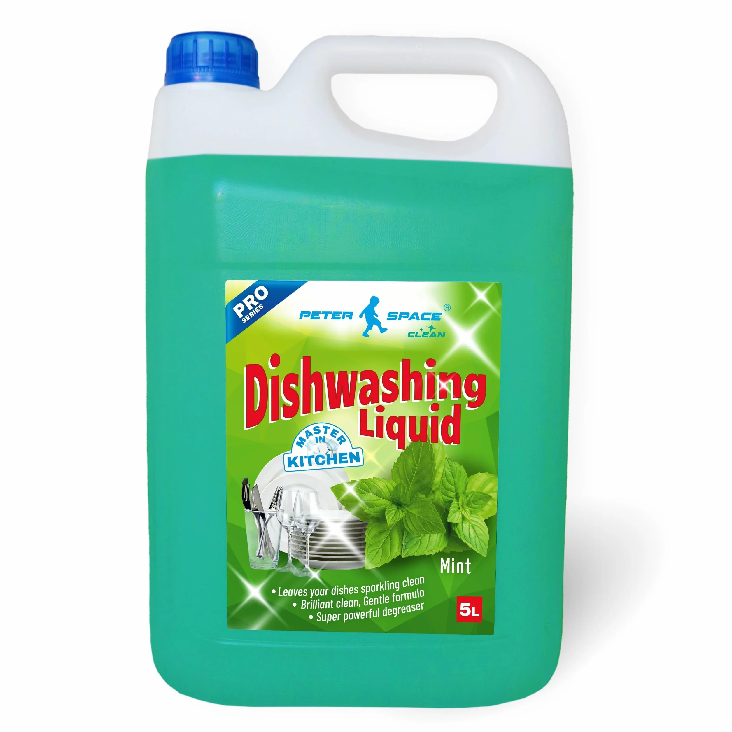 Środek do mycia naczyń, detergent, środek do ręcznego mycia naczyń, mięta, 5 litrów, z wysoką mocą usuwania tłuszczu | Środek do czyszczenia naczyń Peter Space