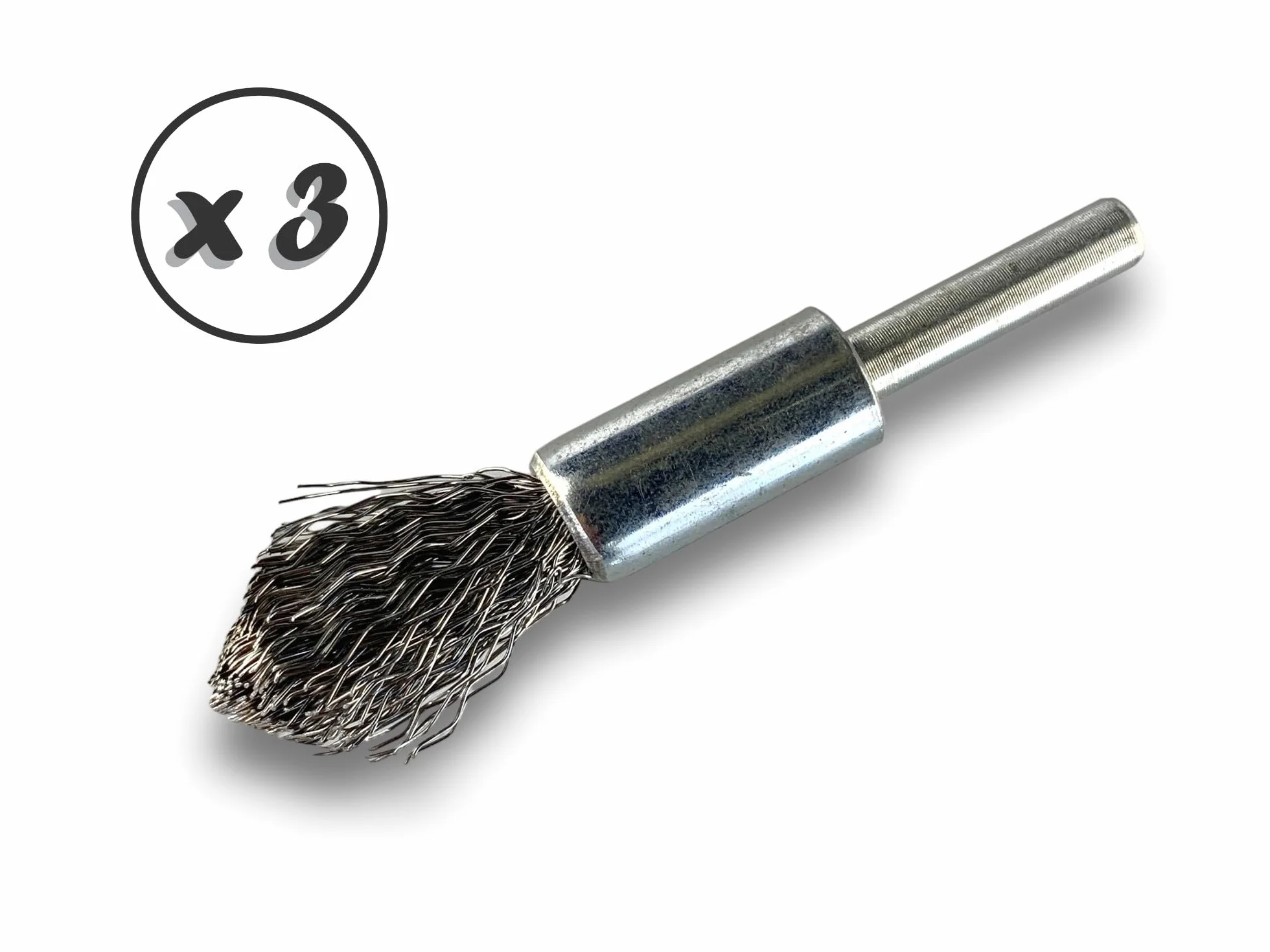 KIBROS 20TC12Px3 zestaw 3 szczotek drucianych ze spiczastym końcem na trzonku | Ø 12 mm | stal twarda 0,40 mm | kształt końcówki | do wiertarki lub wiertarko-wkrętarki | szczotkowanie i bejcowanie |