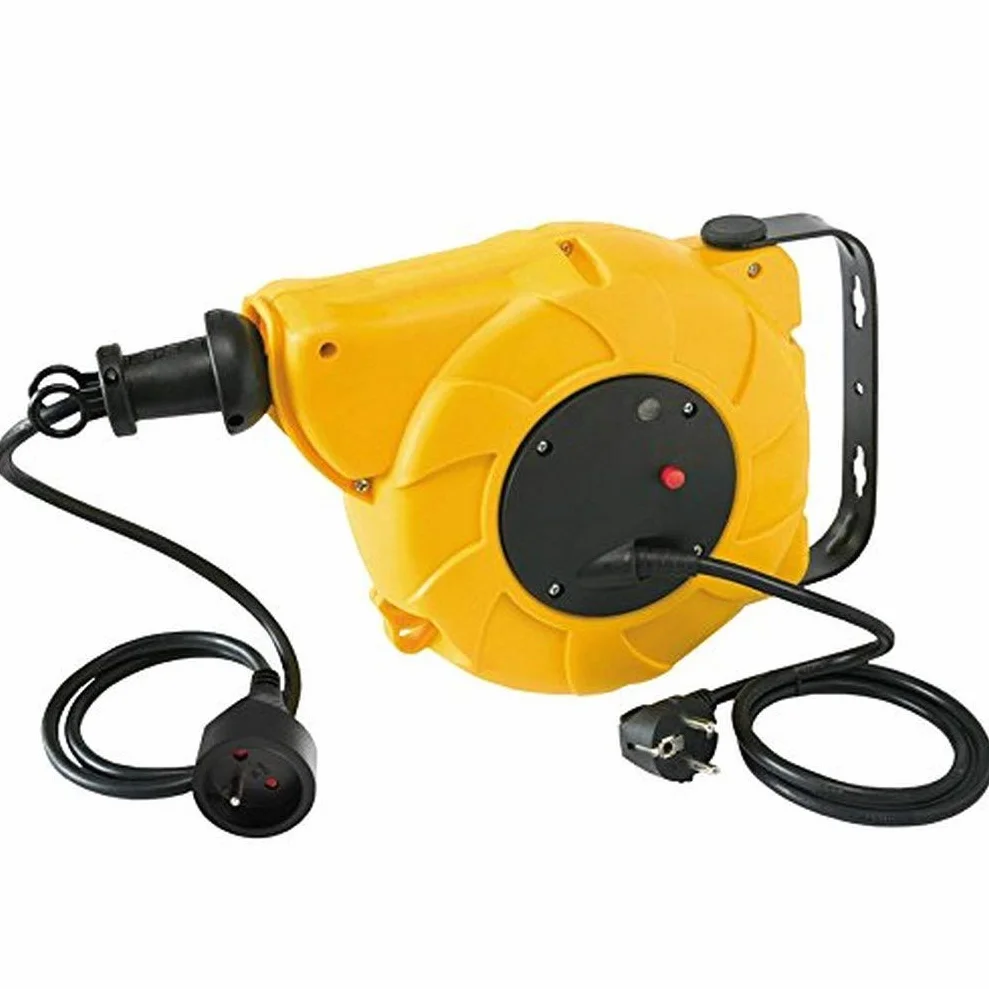 Electraline 209000011 gniazdko wielokrotne, 4 gniazdka, wyłącznik termiczny, automatyczne zwijanie kabla, 3 G, 1 mm², 16 A, 15 m, żółty/czarny