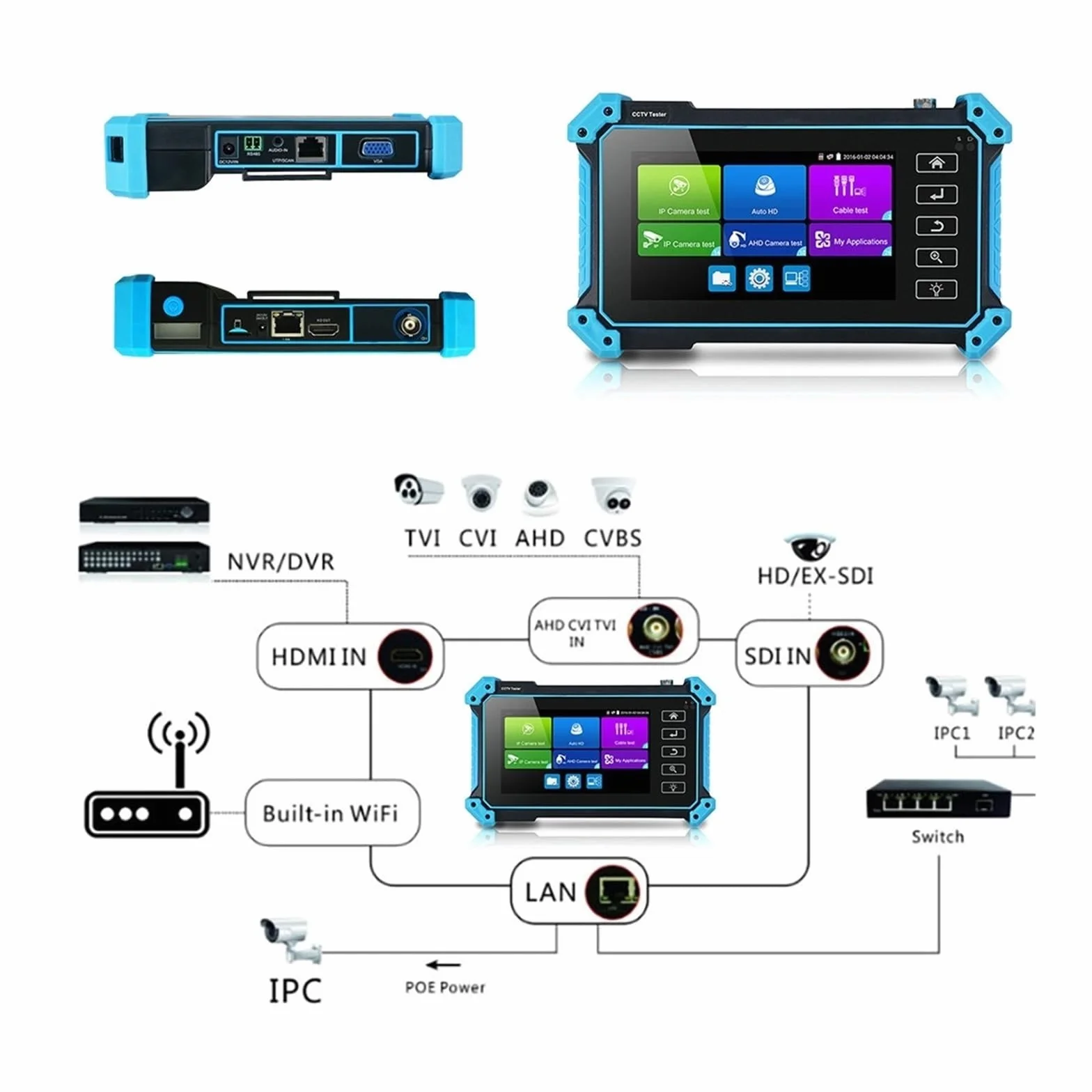 Tester CCTV, IPC-5200C Tester CCTV IPC Plus | Z 8MP AHD CVI TVI SDI Tester kamery 12MP Tester kamery IP 5,4" Ekran dotykowy Tester kabla do testowania kamer CCTV i IP.
