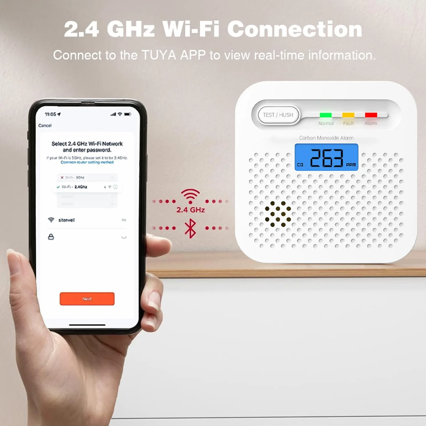 Detektor CO Detektor tlenku wegla WiFi 10-etnia bateria, powiadomienia push wczasie rzeczywistym za posrednictwem aplikacji bezpieczenstwa Tuya &SmartLife, alarm 85 dB, cyfrowy wy$wietlacz LCD (1Pack)