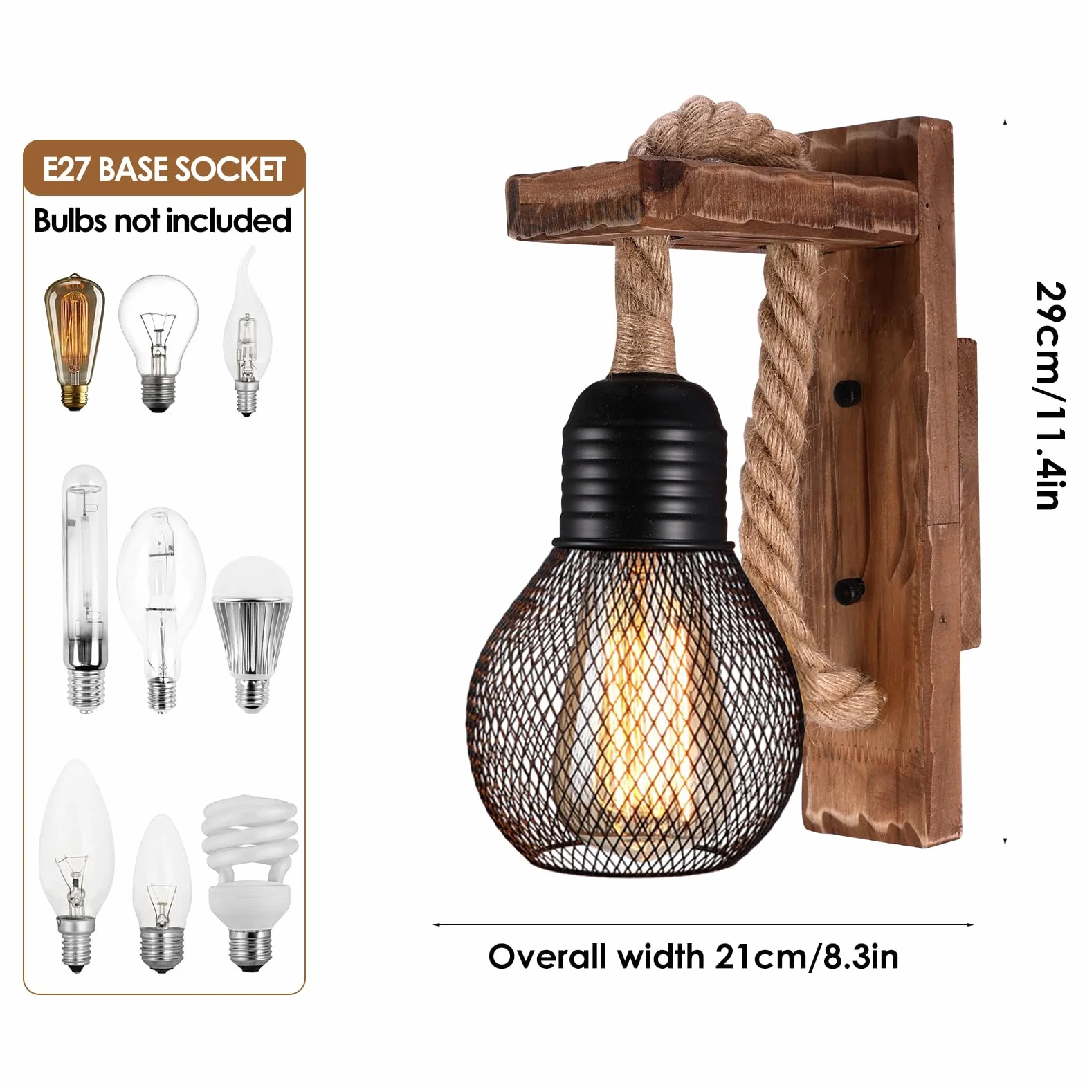 Drewniana lampa ścienna do wnętrz, E27 LED lina konopna, lampa ścienna z kloszem, industrialna lampa ścienna w stylu vintage, lampa ścienna do wnętrz, w stylu retro, do korytarza, sypialni