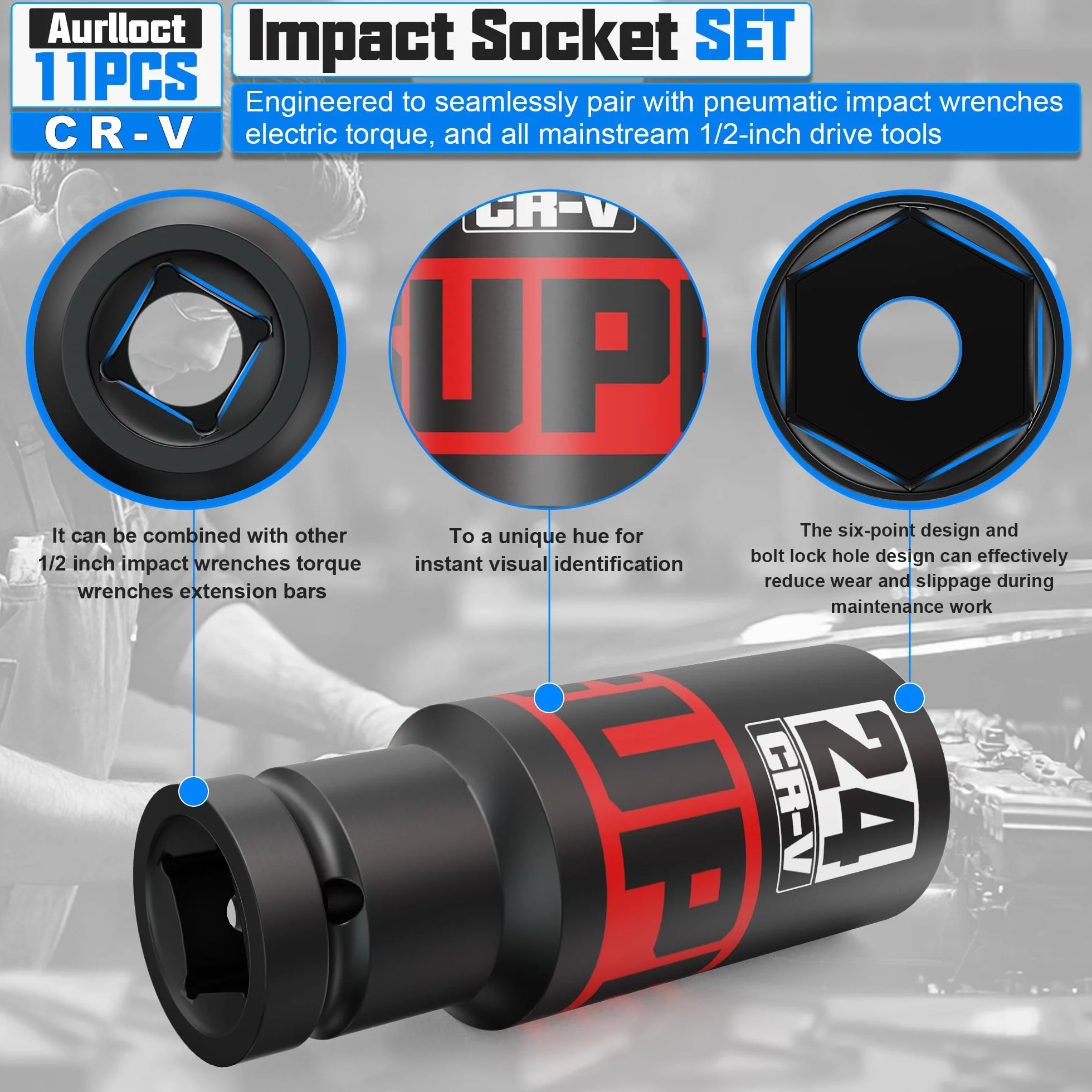 11 sztuk Zestaw Nasadek Udarowych 1/2", 10-24 mm Zestaw Długich Nasadek Sześciokątnych z Adapterem 1/4" do 1/2", Naprawa Opon Samochodowych i Majsterkowanie