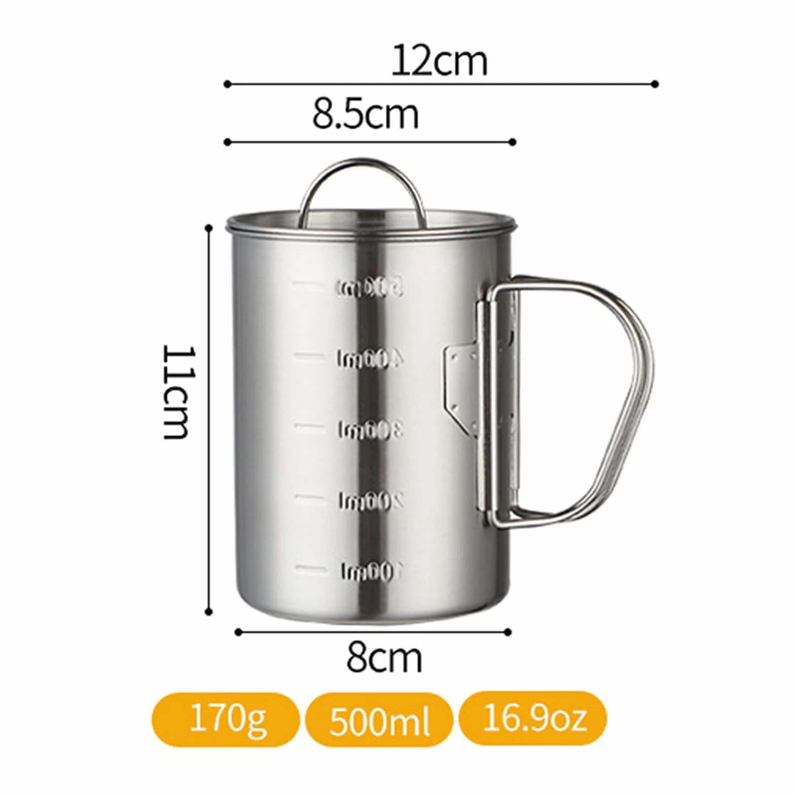 lyrlody Kubek Kempingowy ze Stali Nierdzewnej, Kubek z Uchwytem, ​​składanymi Uchwytami i skalą Objętości, Składany z pokrywką, na Piknik Kempingowy (500ML)
