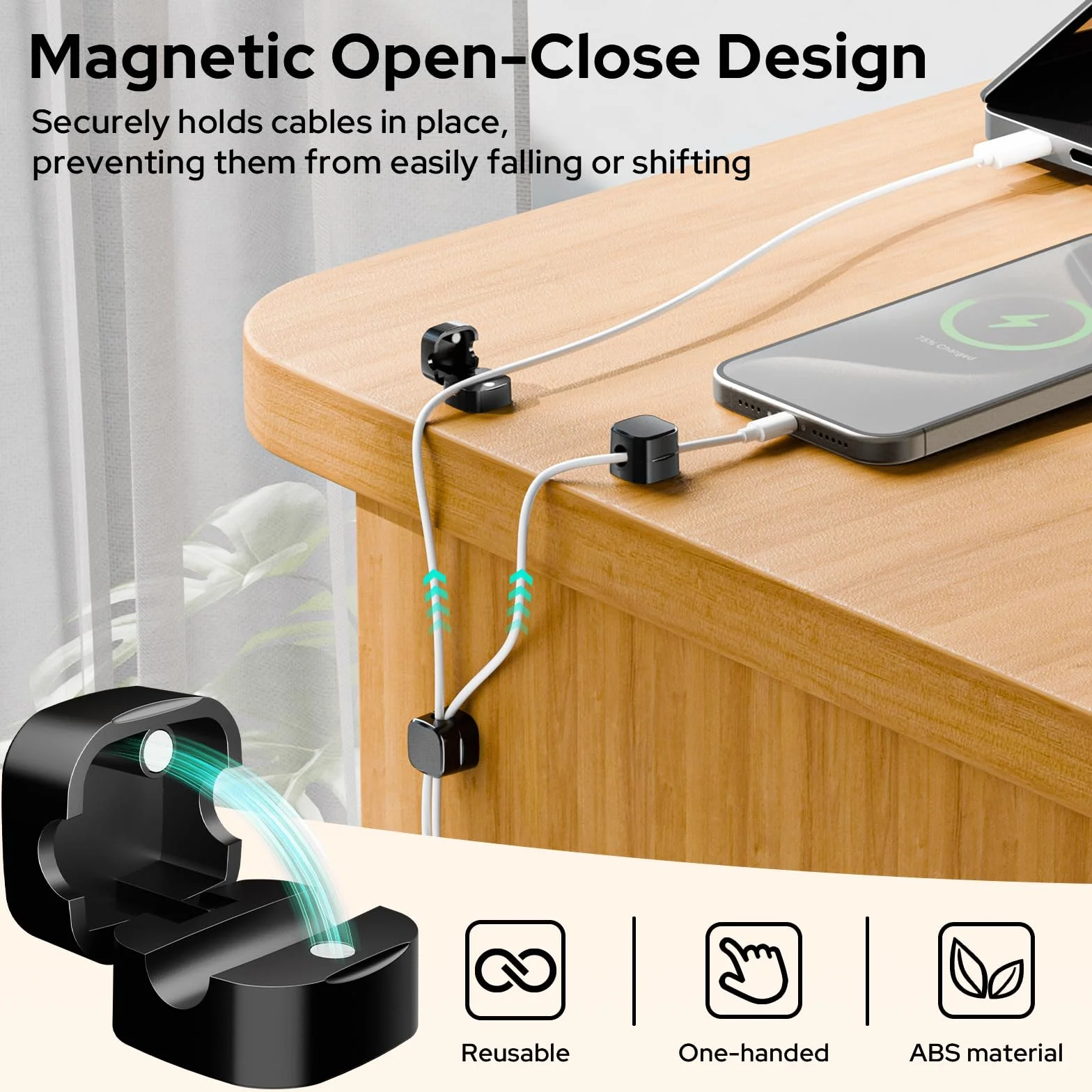 Euqvunn Cable Clips, 8 Pack Magnetyczne Uchwyty na Kable, Gładkie Regulowane Kable, Samoprzylepne Uchwyty na Kable Ładowarki, Uchwyt na Kable do Telefonu USB na Biurko, Stolik Nocny, Samochód(Czarny)