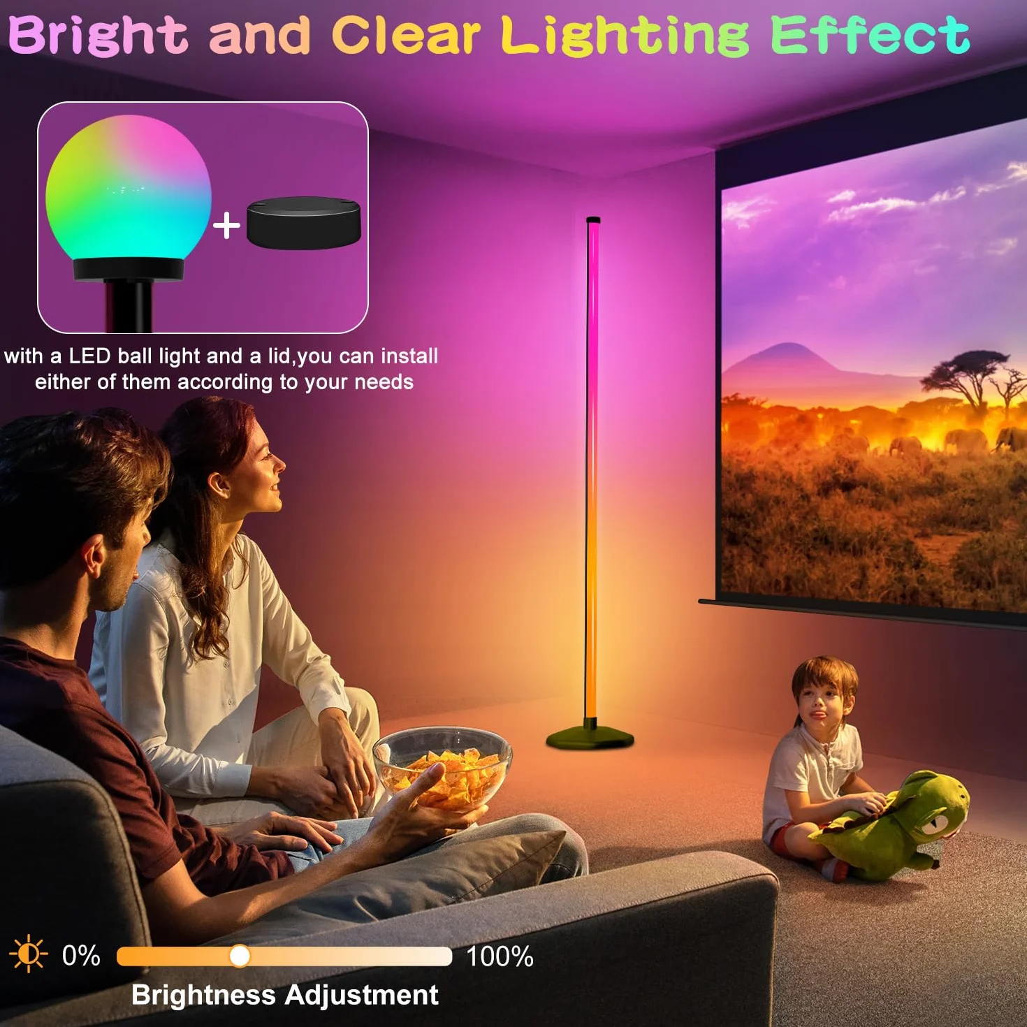 KingSom Lampa podłogowa LED, 175 cm, lampa narożna RGBW ze światłem kulistym, inteligentna lampa podłogowa z pilotem i aplikacją Bluetooth, 16 milionów kolorów, synchronizacja muzyki, nowoczesna lampa