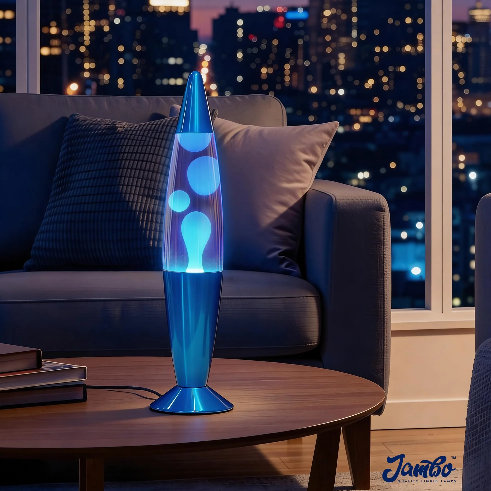 Jambo Przepiękna lampa do poruszania się płynem z woskiem niczym lawa, zabawa dla dorosłych, młodzieży i dzieci (niebieska podstawa, niebieski płyn, biały wosk, 40 cm)