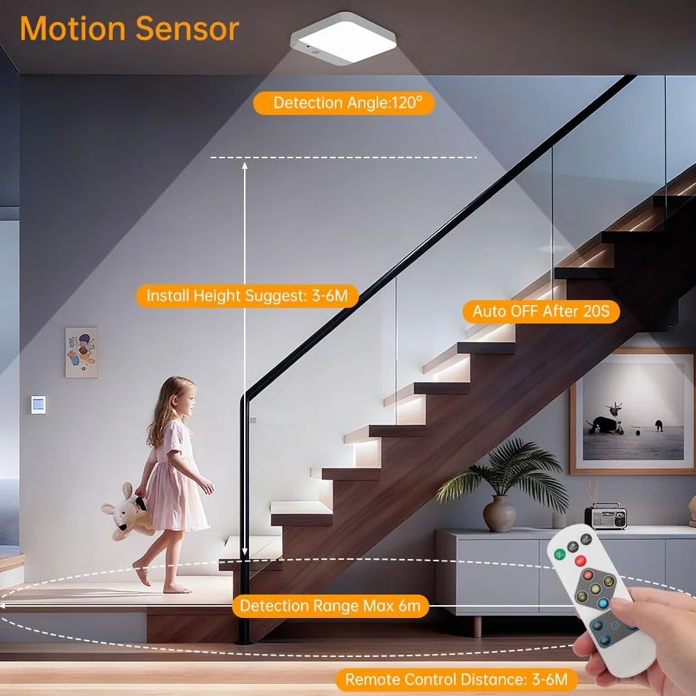 URAQT Lampa Sufitowa LED z Czujnikiem Ruchu, Bezprzewodowa, 3000K/4000K/6500K, Akumulatorowa, z Pilotem i Timerem, Åšciemnialna, do Łazienki, Sypialni, Korytarza
