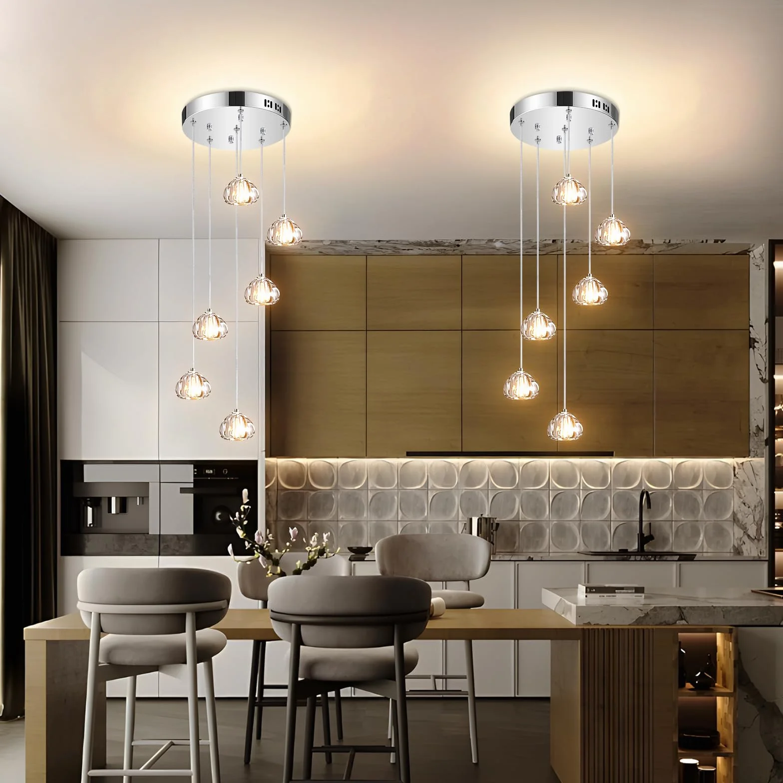 H.W.S Nowoczesna lampa wisząca LED, żyrandol Villa, regulowana wysokość, lampa wisząca szkło, do salonu, jadalni, przedpokoju, schodów, hotelu (6-punktowa, Okrągła, Chrom)