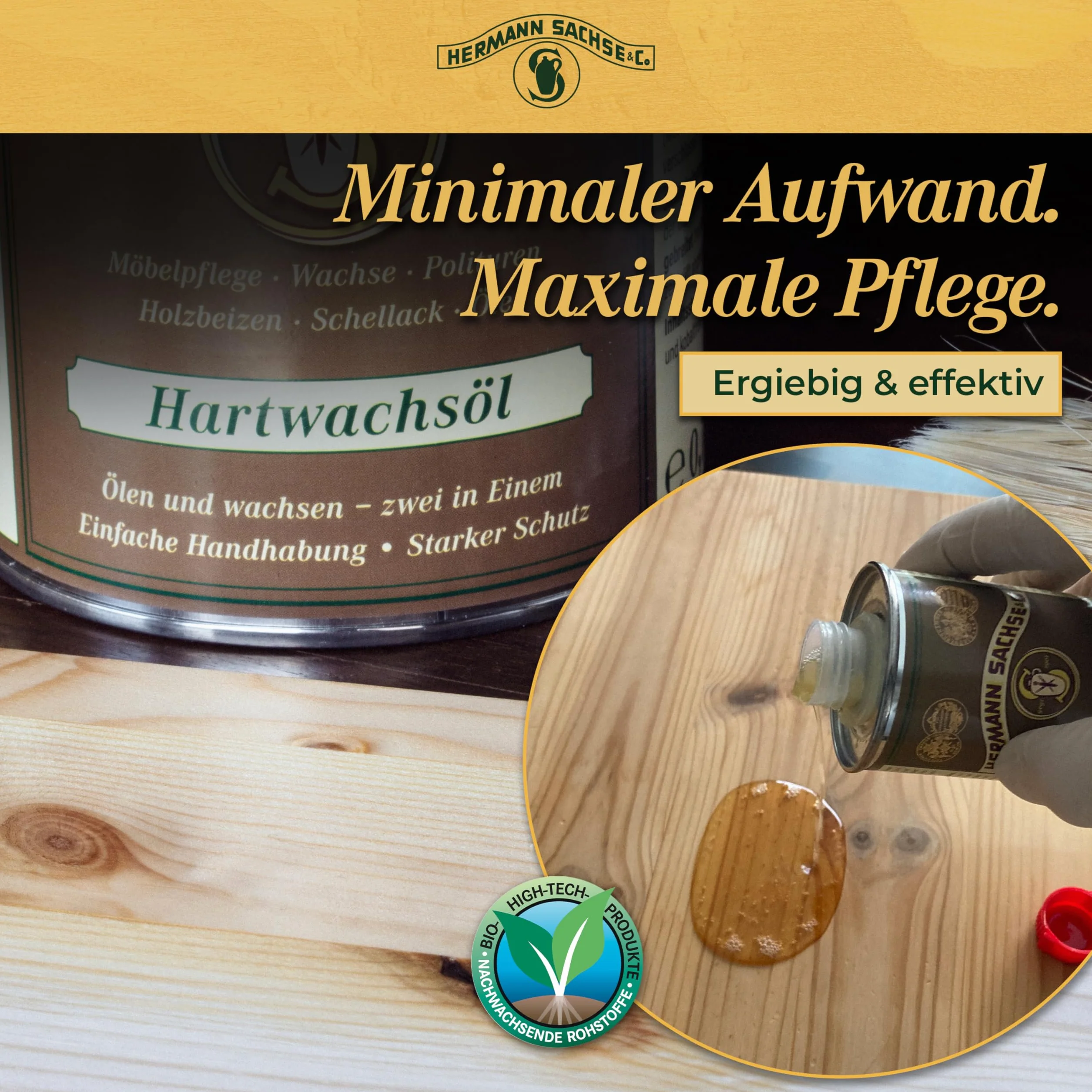 Hermann Sachse Olej z twardego wosku, bezbarwny, 750 ml – olej do pielęgnacji drewna i wosk 2 w 1 do podłóg drewnianych, mebli i schodów – tradycyjna ochrona drewna o jedwabistym połysku | Made in