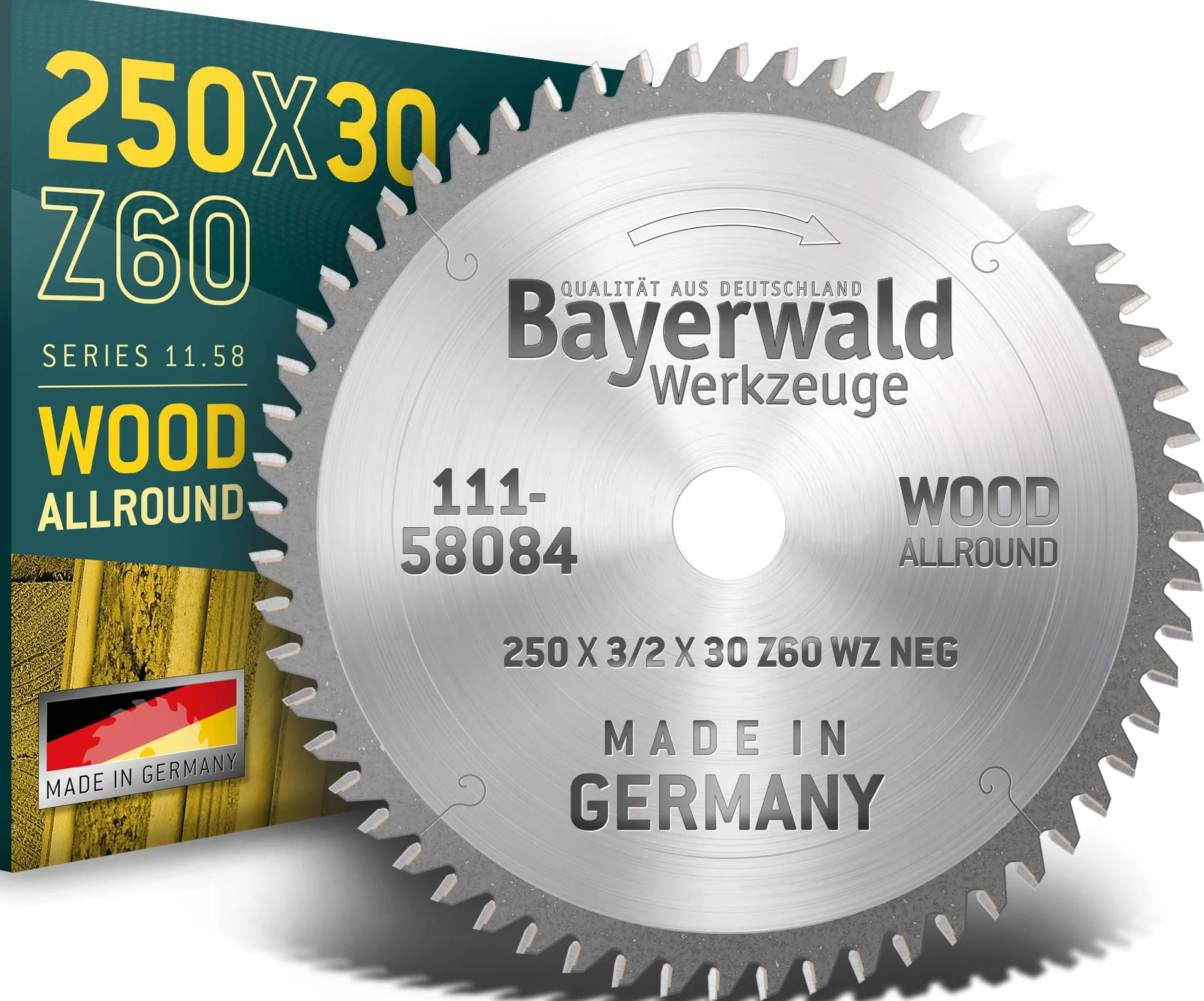 Bayerwald - HM brzeszczot do piły tarczowej do drewna - Ø 250 mm x 3,0 mm x 30 mm | WZ ujemny (60 zębów) | do piły ukośnej i ukośnej
