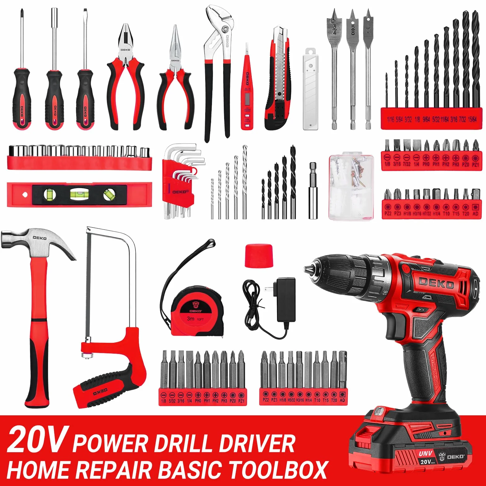 186-częściowy zestaw narzędzi z wkrętarką akumulatorową: DEKO Blue 20V Cordless Drill Toolbox Set, niezbędny zestaw narzędzi do konserwacji domu