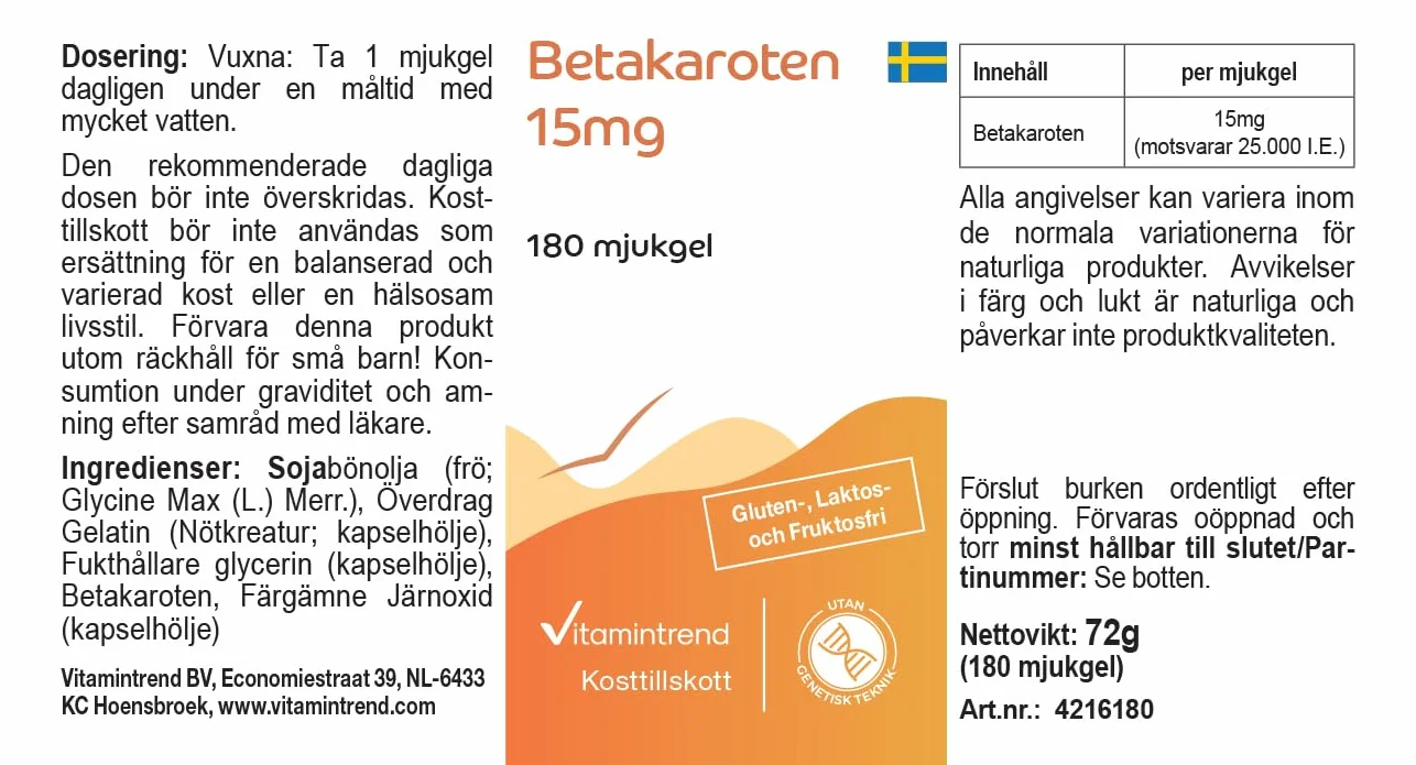 Vitamintrend Beta-karoten 15mg, 180 kapsułek po 15mg (odpowiada 25 000 j.m.), wysoka dawka, bez stearynianu magnezu, wyprodukowane w Niemczech.