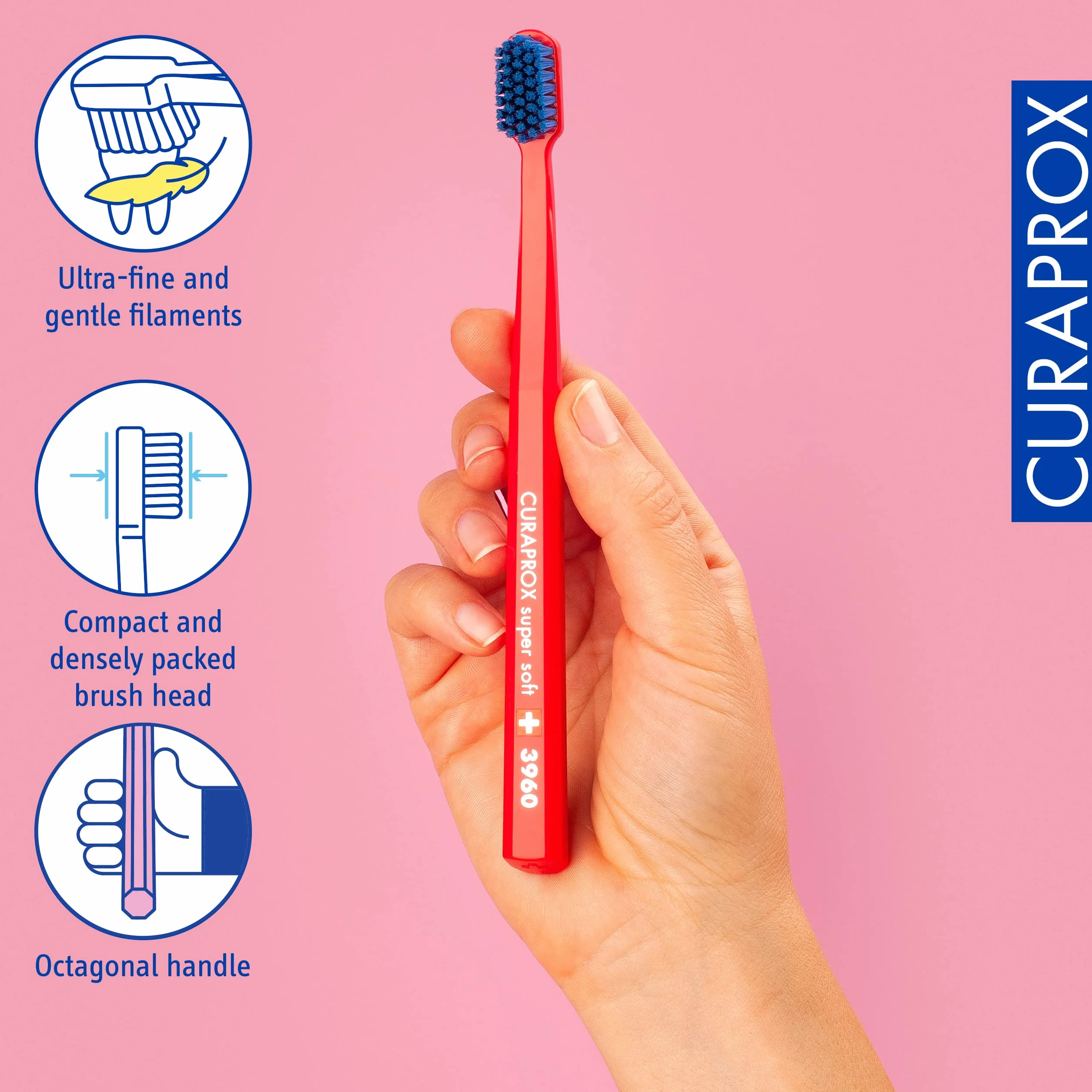 Curaprox CS 3960 Super Miękka Szczoteczka do zębów/delikatne czyszczenie z Super miękkim włosiem 0.12 mm/pojedyncze opakowanie, Czerwony/Niebieski/Made in Switzerland