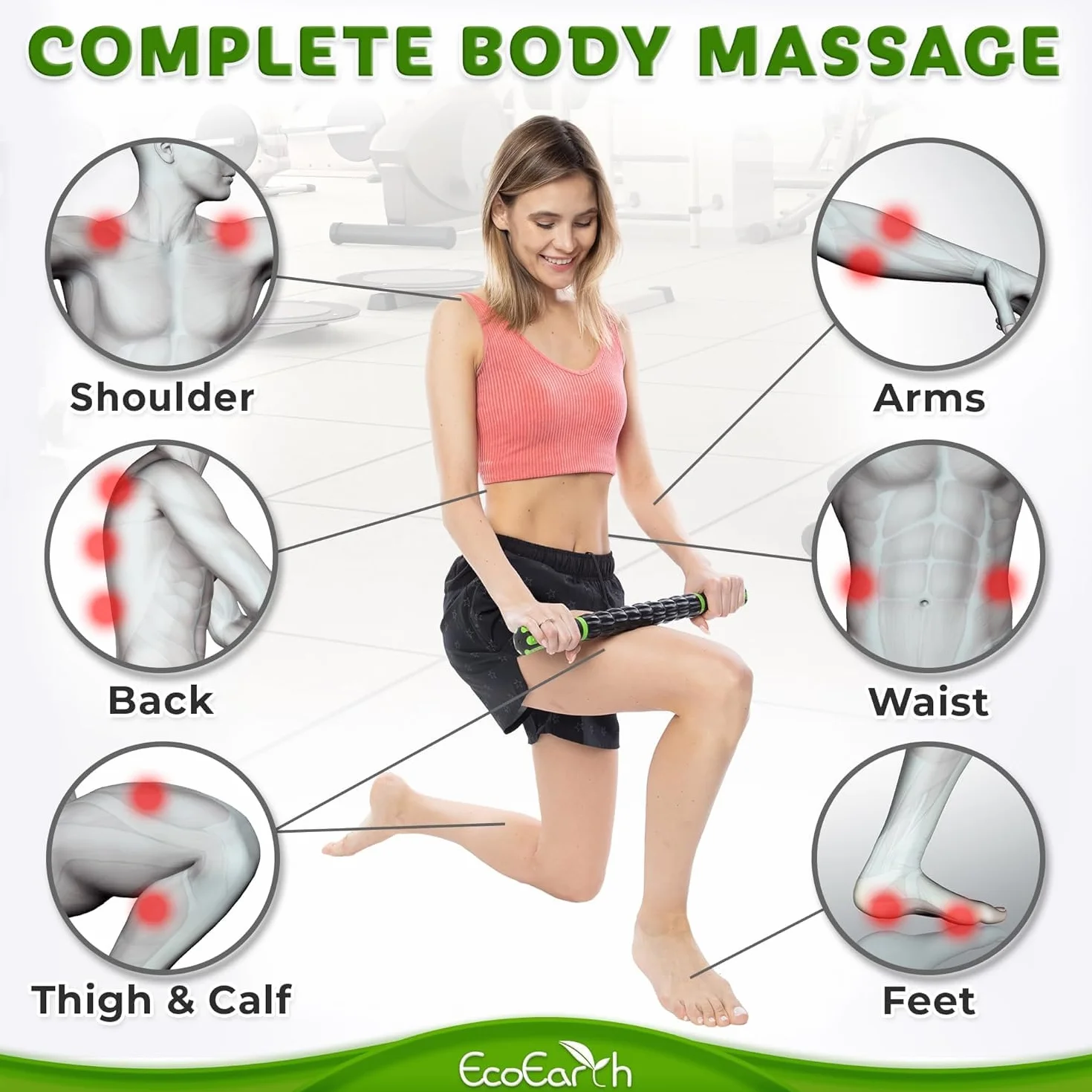 EcoEarth Muscle Roller Stick (43x4cm, 1 PK) - Lymphatic Drainage Massager for Arm, Shoulder, Back & Leg - Myofascial Release Trigger Point Fascia Massage Tool
