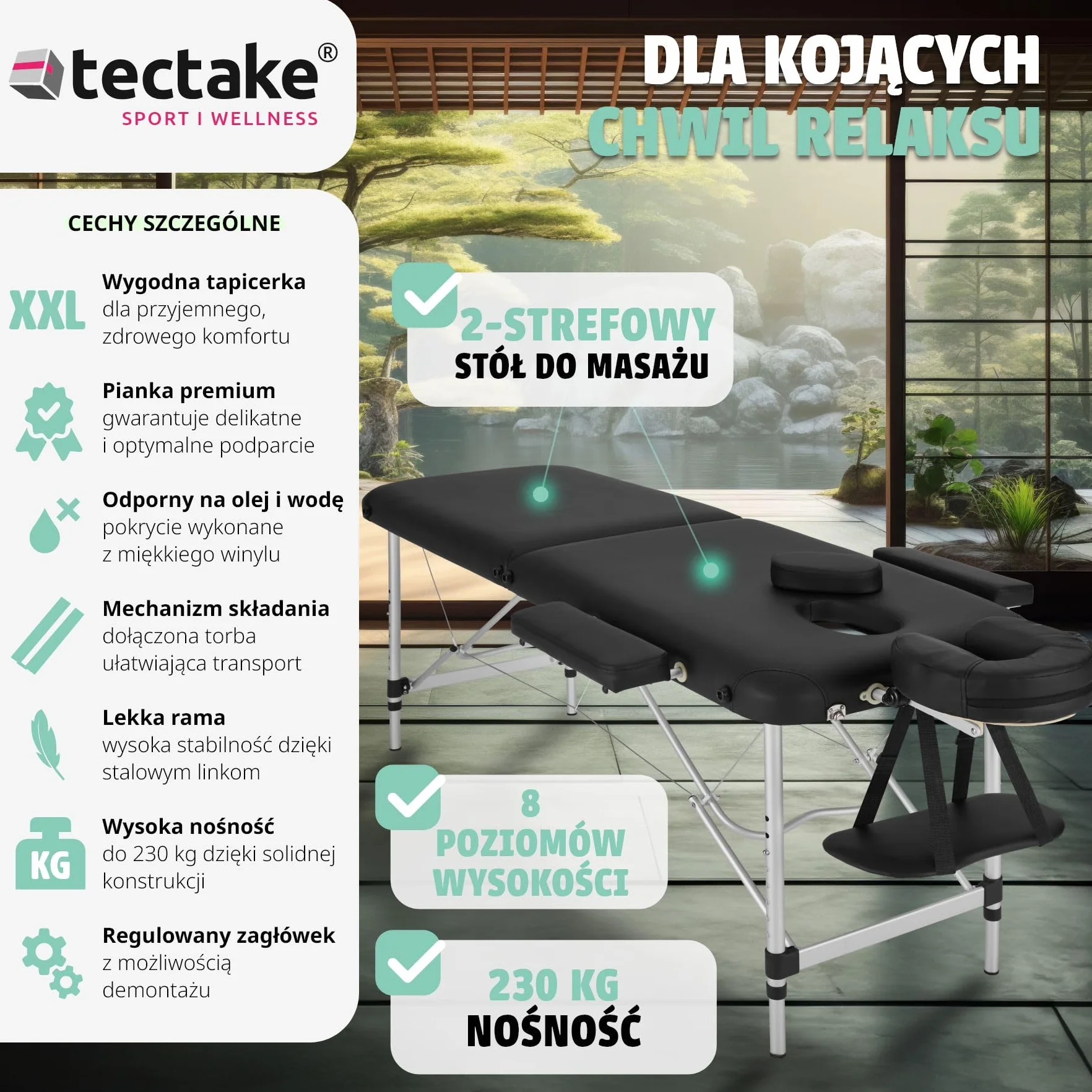 Tectake Przenośny Stół do Masażu Składany Aluminiowa Konstrukcja 230 kg Czarny