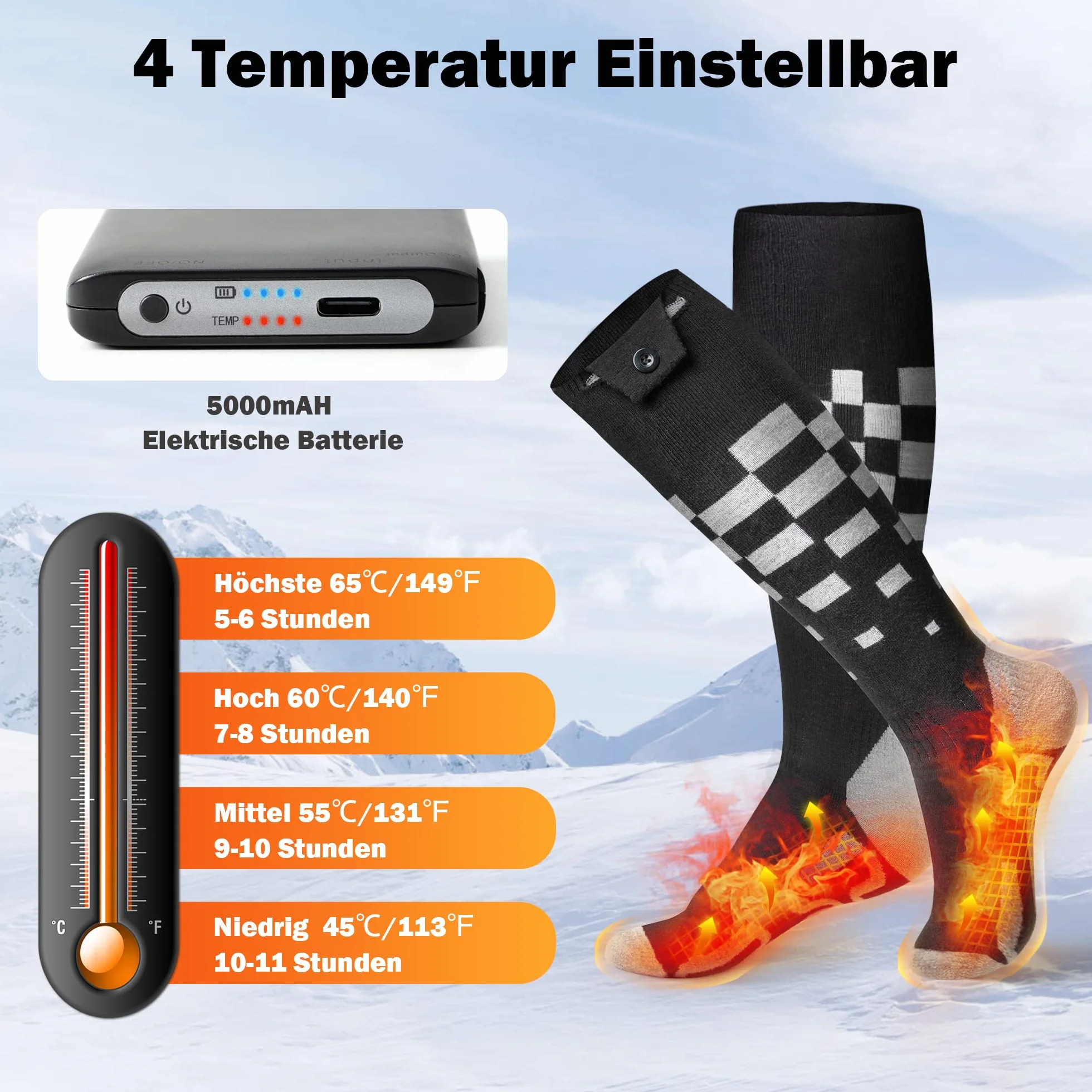 Ogrzewane skarpety dla kobiet i mężczyzn, MUSCCCM 5000 mAh, elektryczne, ogrzewacze stóp, z 4 plikami, regulowana temperatura z USB, do jazdy na nartach, aktywności na świeżym powietrzu, wędrówek