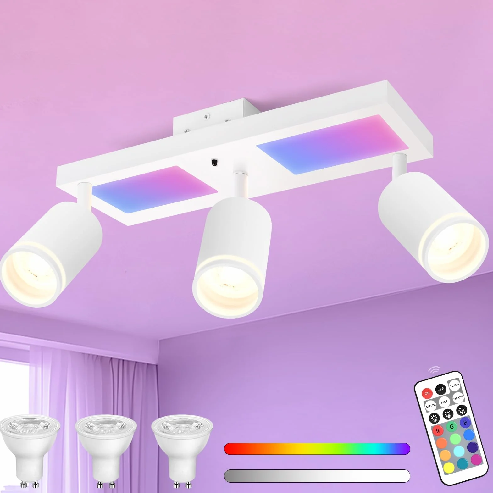 YindaLux Lampa sufitowa LED z 3 ściemnialnymi reflektorami z pilotem zdalnego sterowania, RGB 25 W 2850 lm, obrotowe reflektory sufitowe GU10, biała lampa sufitowa z dolnym blaskiem 10 W, 3 x 5 W