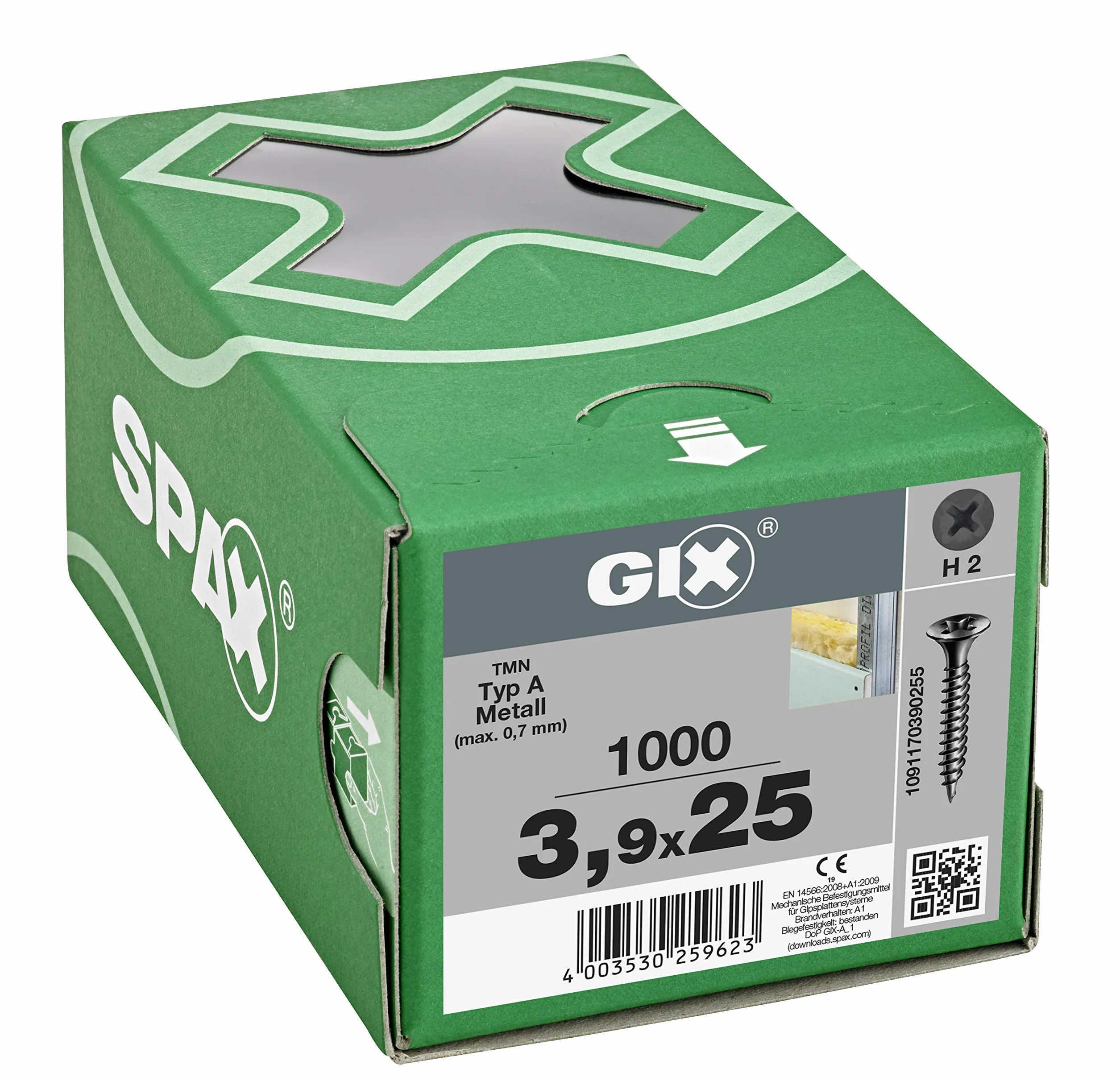 SPAX GIX-A 1091170390255 wkręty do szybkiego montażu 3,9 x 25 mm drobny gwint, 1000 sztuk, łeb trąbki, krzyżakowy H2, śruby do gipsowo-kartonowego kartonu, na metalowym stojaku
