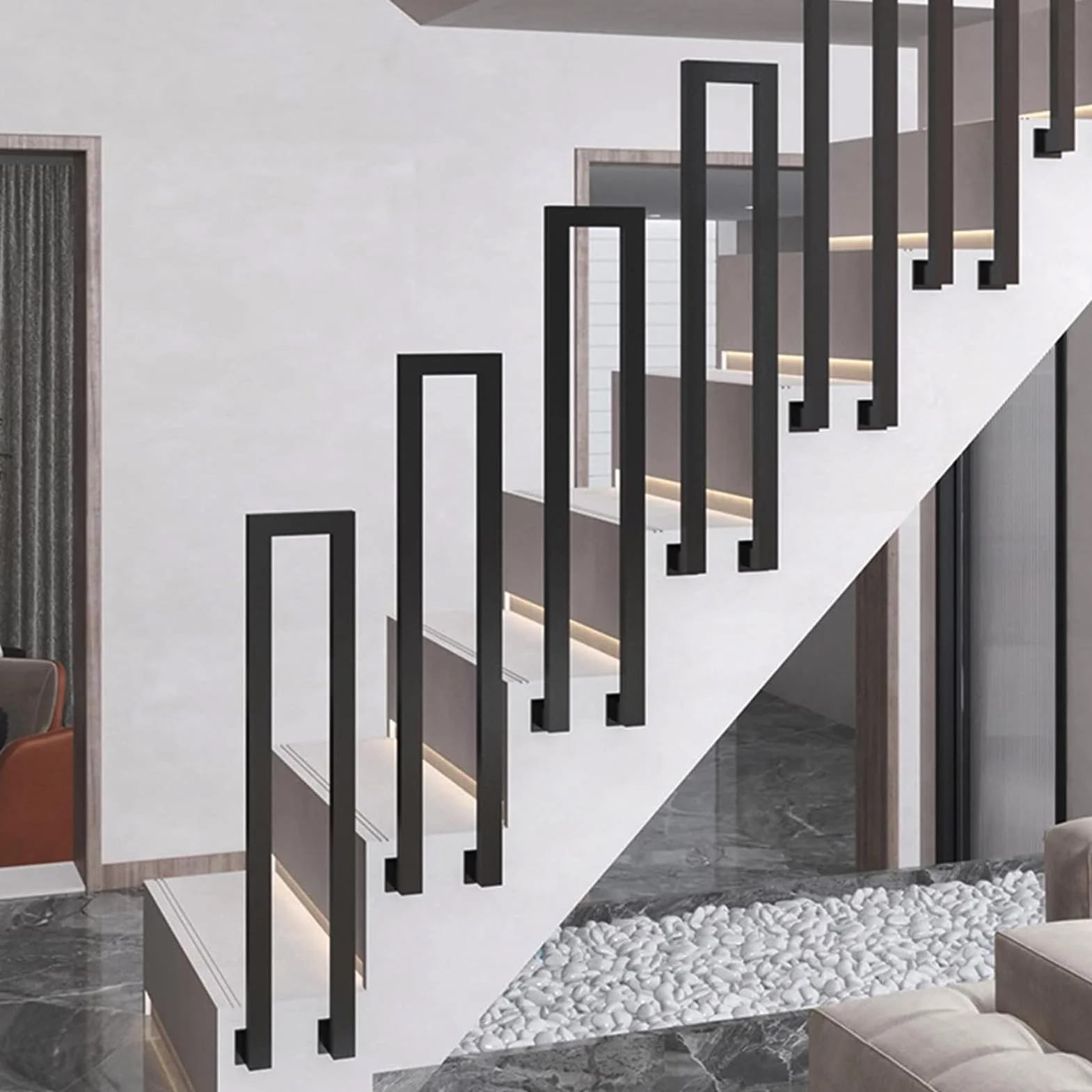Poręcz do schodów wewnętrzne, Balustrady schodowe w kształcie U, metalowa poręcz schodowa z zestawem śrub, balustrady schodowe na strych, werandę, korytarze (Czarno-boczny montaż, 85cm)