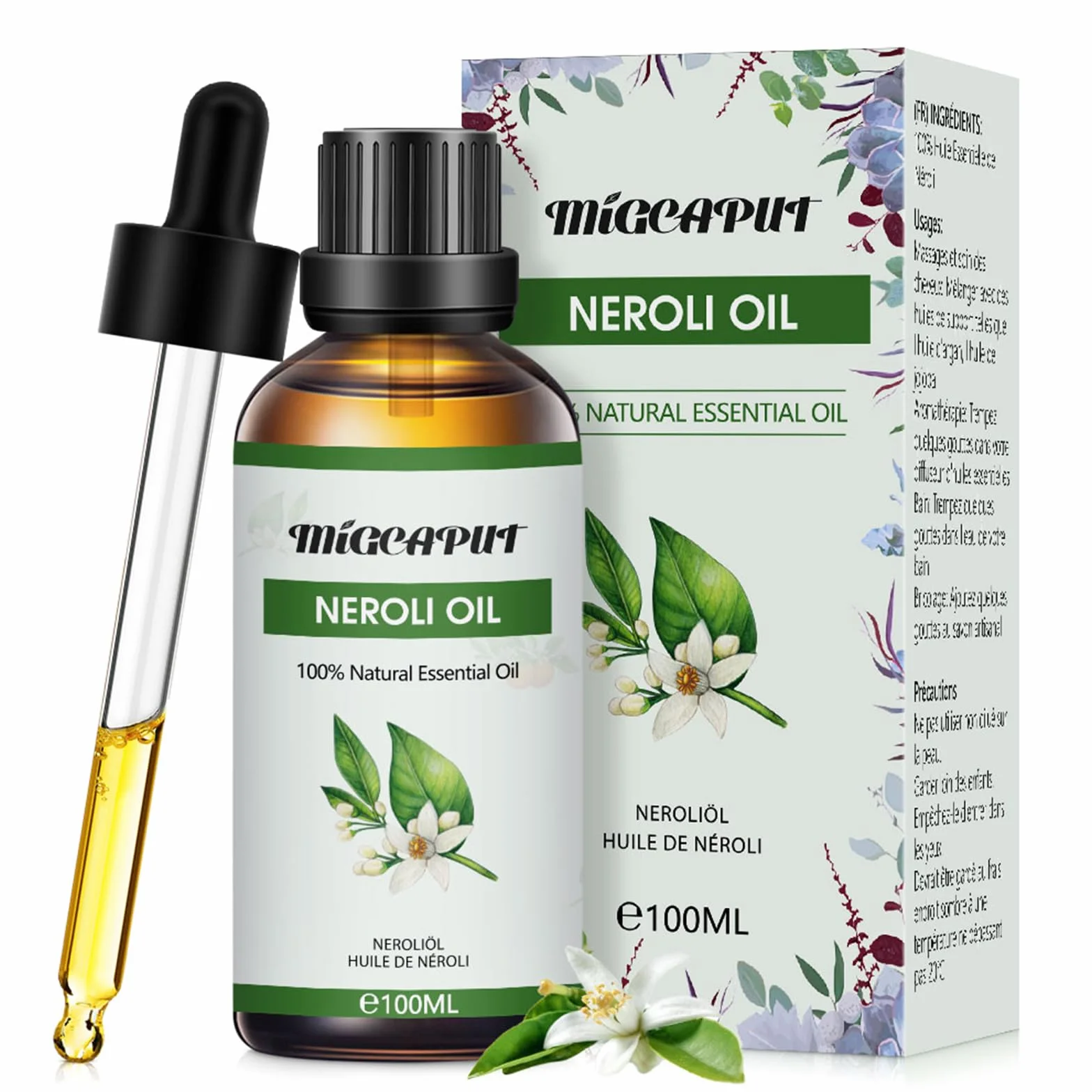 Migcaput Olejek eteryczny z neroli 100 ml, naturalny olejek zapachowy Neroli Essential Oils do dyfuzora, nawilżacza powietrza, aromaterapii, produkcji świec