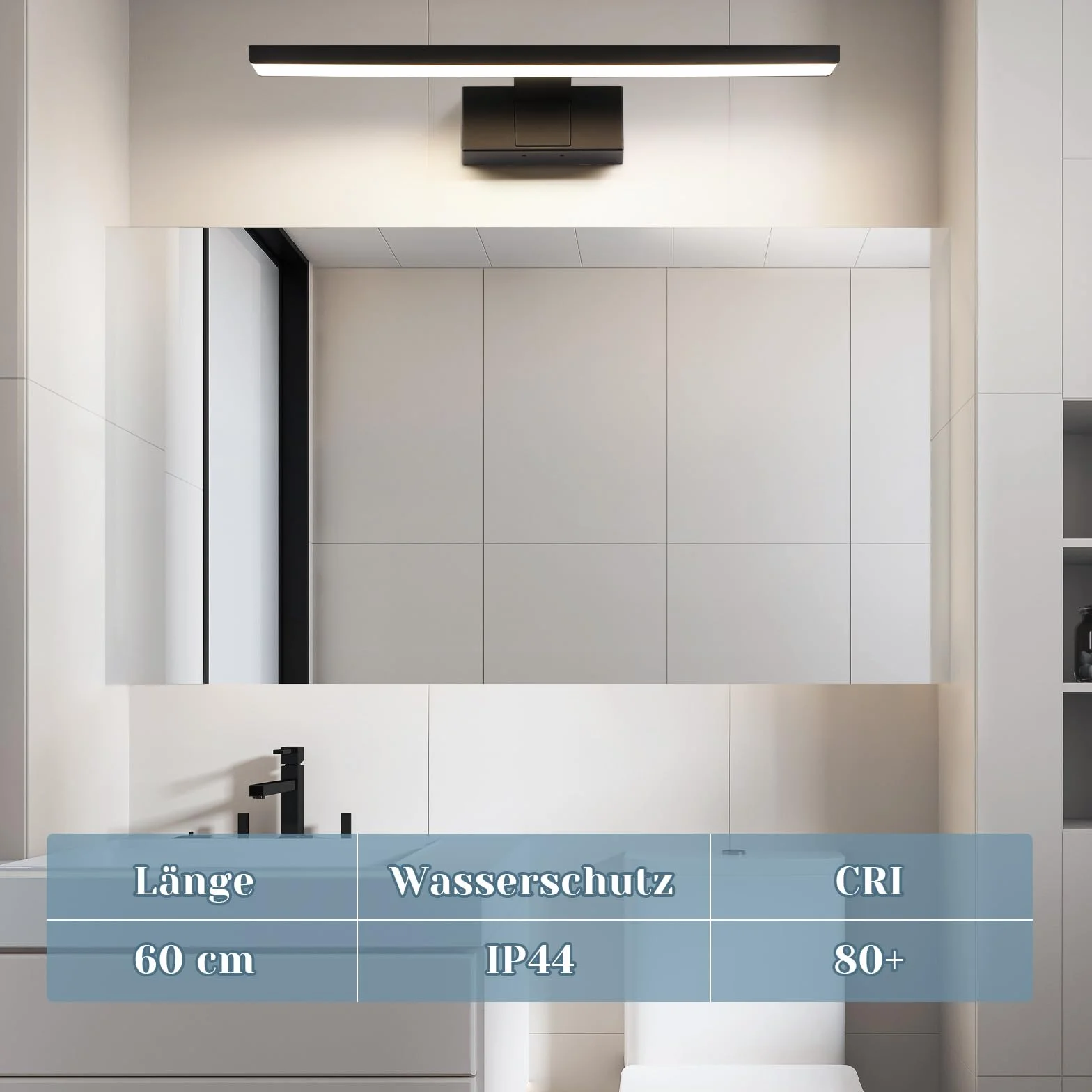 Homefire Lampa nad lustro łazienkowe, 60 cm, czarna, łazienkowa, wodoszczelna, IP44, nowoczesna, neutralna biel, 4000 K, lampa ścienna do piwnicy, kuchni, szafki łazienkowej