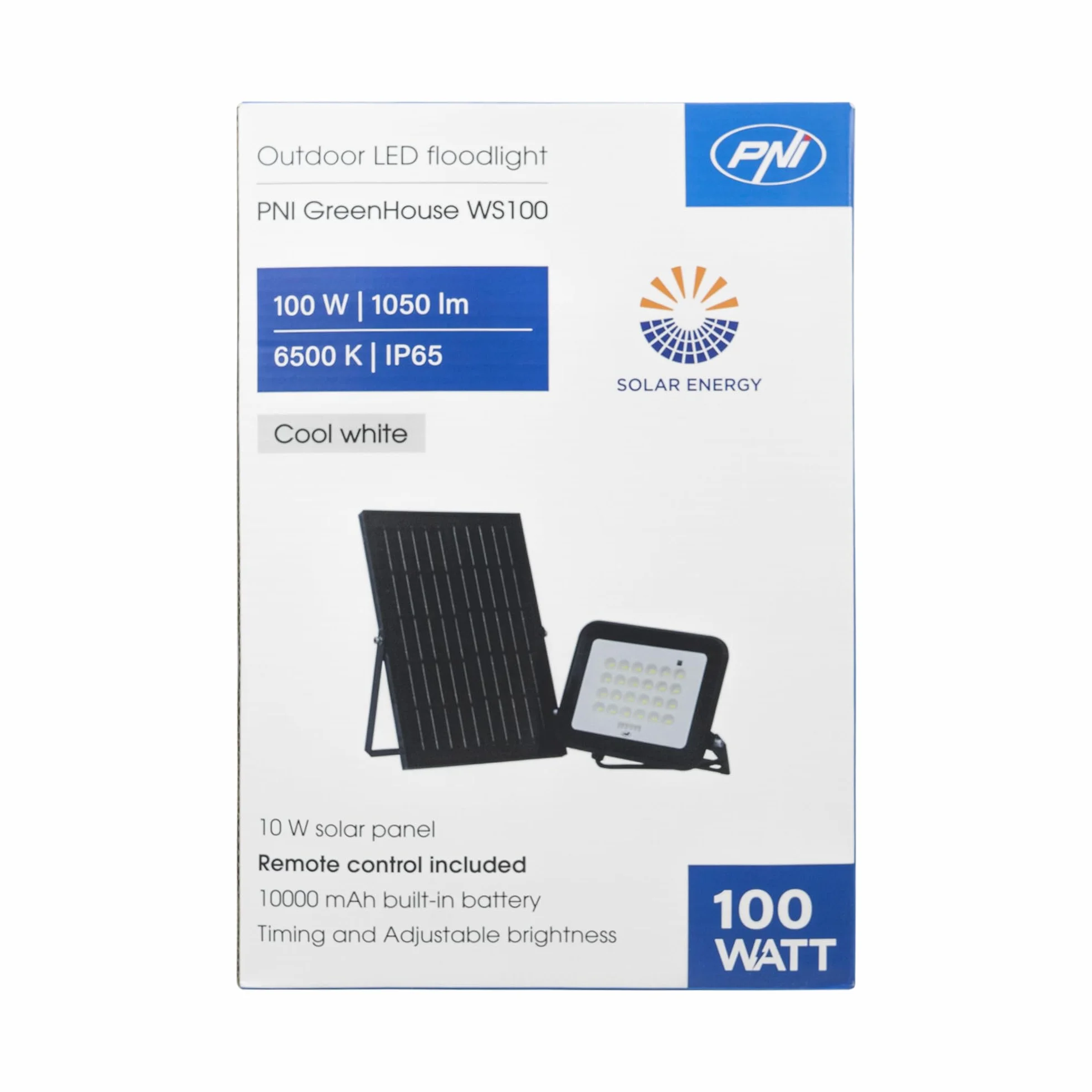 PNI GreenHouse WS100 reflektor LED 100 W z panelem słonecznym, akumulator 10 000 mAh, pilot zdalnego sterowania, regulowany timer i jasność, 6500 K, IP65