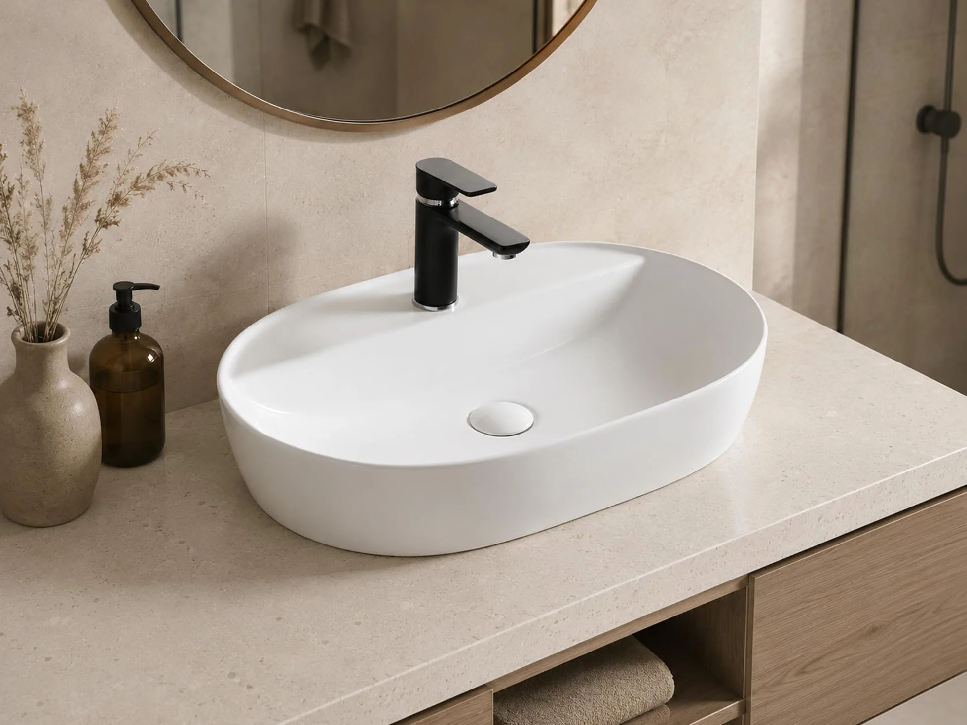 Premium Umywalka owalna - Błyszcząca umywalka nablatowa - ceramiczny basen do umywalki - miska do mycia biała - 610 x 400 x 120 mm