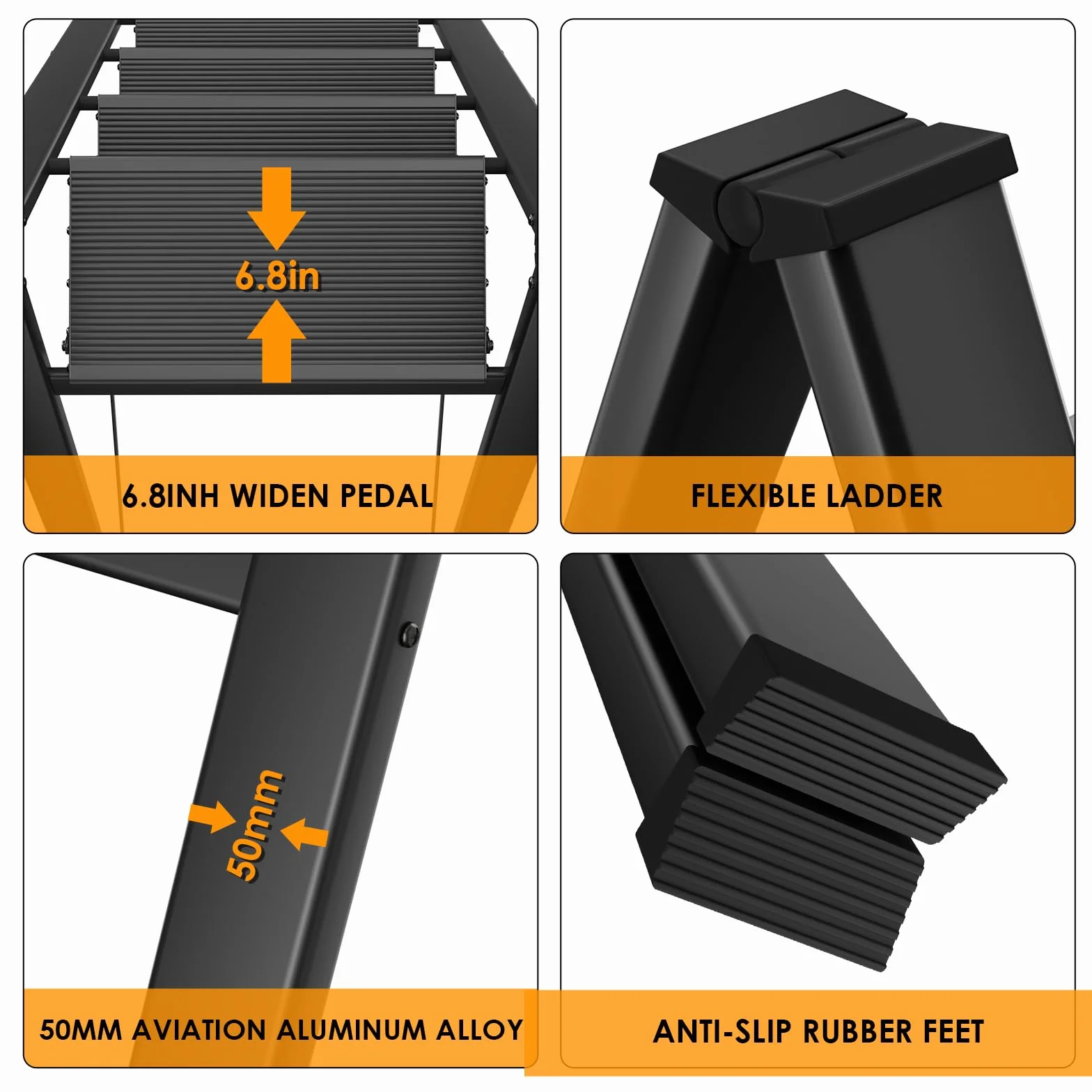 LIFERUN Aluminiowa drabina z 4 stopniami, składana, antypoślizgowa, drabina stojąca, wielofunkcyjna, łatwa do przechowywania, obciążenie do 150 kg, do kuchni, domu, na zewnątrz, do biura, czarna