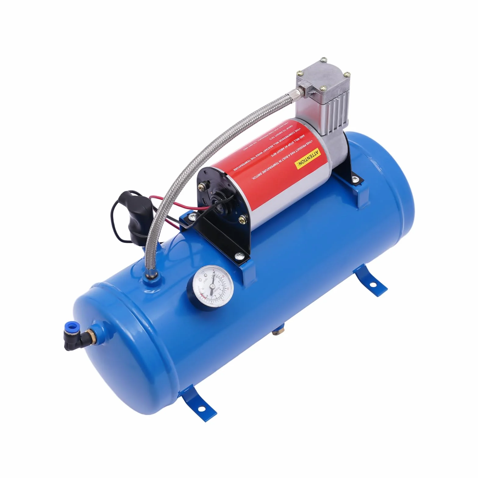 Sprężarka powietrza 12 V do samochodu, kompresor powietrza, kompresor 100 psi, ze zbiornikiem 6 l, w zestawie wąż 3,8 m, maks. 8 bar, do samochodów ciężarowych, samochodów, pompowania opon, klaksonów