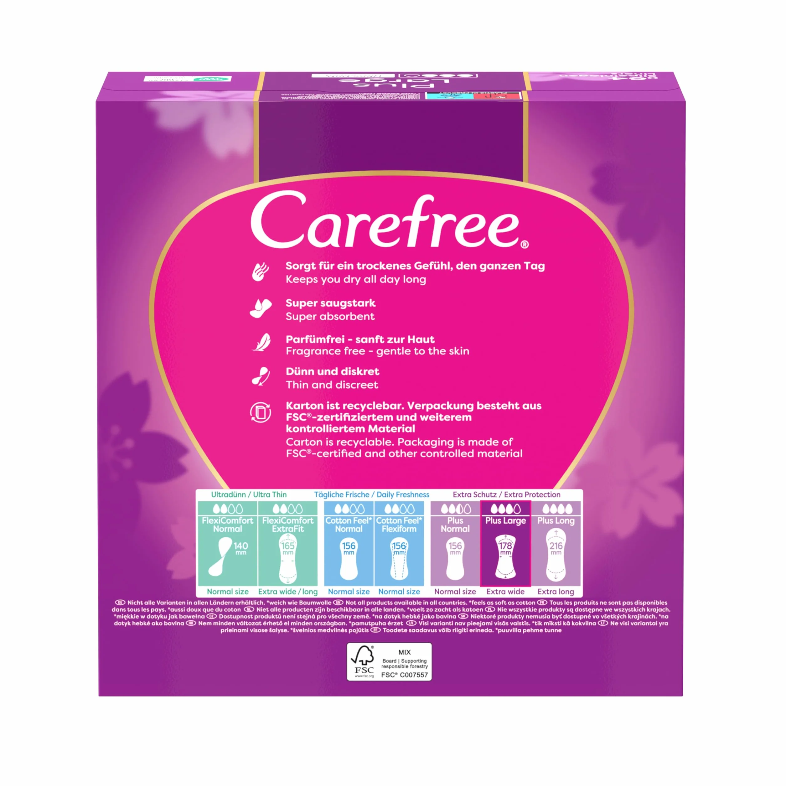 Carefree Plus Large 64 szt. szt. Wkładki higieniczne z wyjątkowo chłonnym wkładem. Zapewniają długotrwałą ochronę przed wilgocią i nieprzyjemnym zapachem.