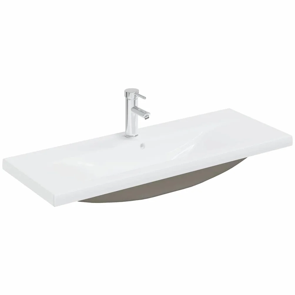Biała ceramiczna umywalka do zabudowy 101x39x18 cm z kranem ciepłej i zimnej wody, przelewowy i ociekający, nowoczesny design, do łazienki