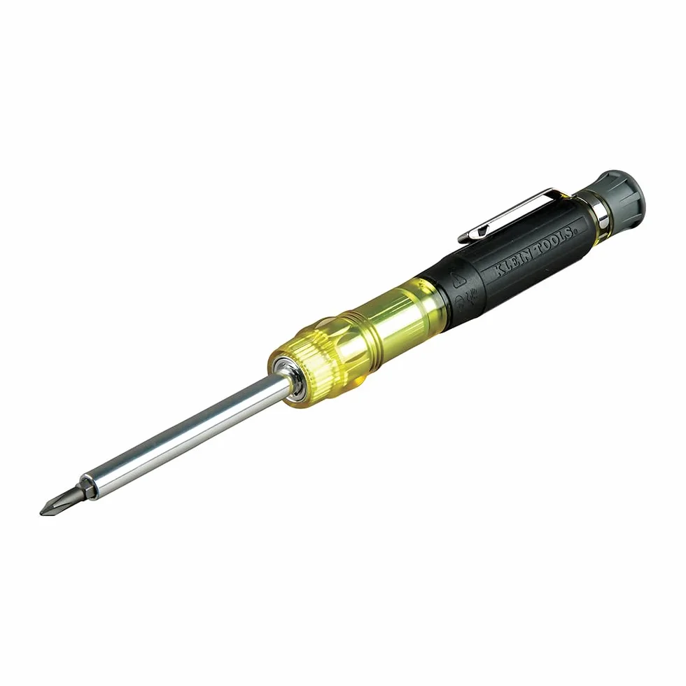 Klein Tools 32613 Precyzyjny śrubokręt, precyzyjny śrubokręt kieszonkowy HVAC 3 w 1 z bitem Schradera, żółty/czarny