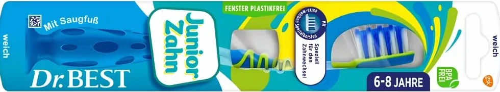 Dr.BEST Szczoteczka do zębów Junior, miękka, 1 sztuka, dla dzieci powyżej 6 lat, dla dzieci z wiggly zębami, różne kolory