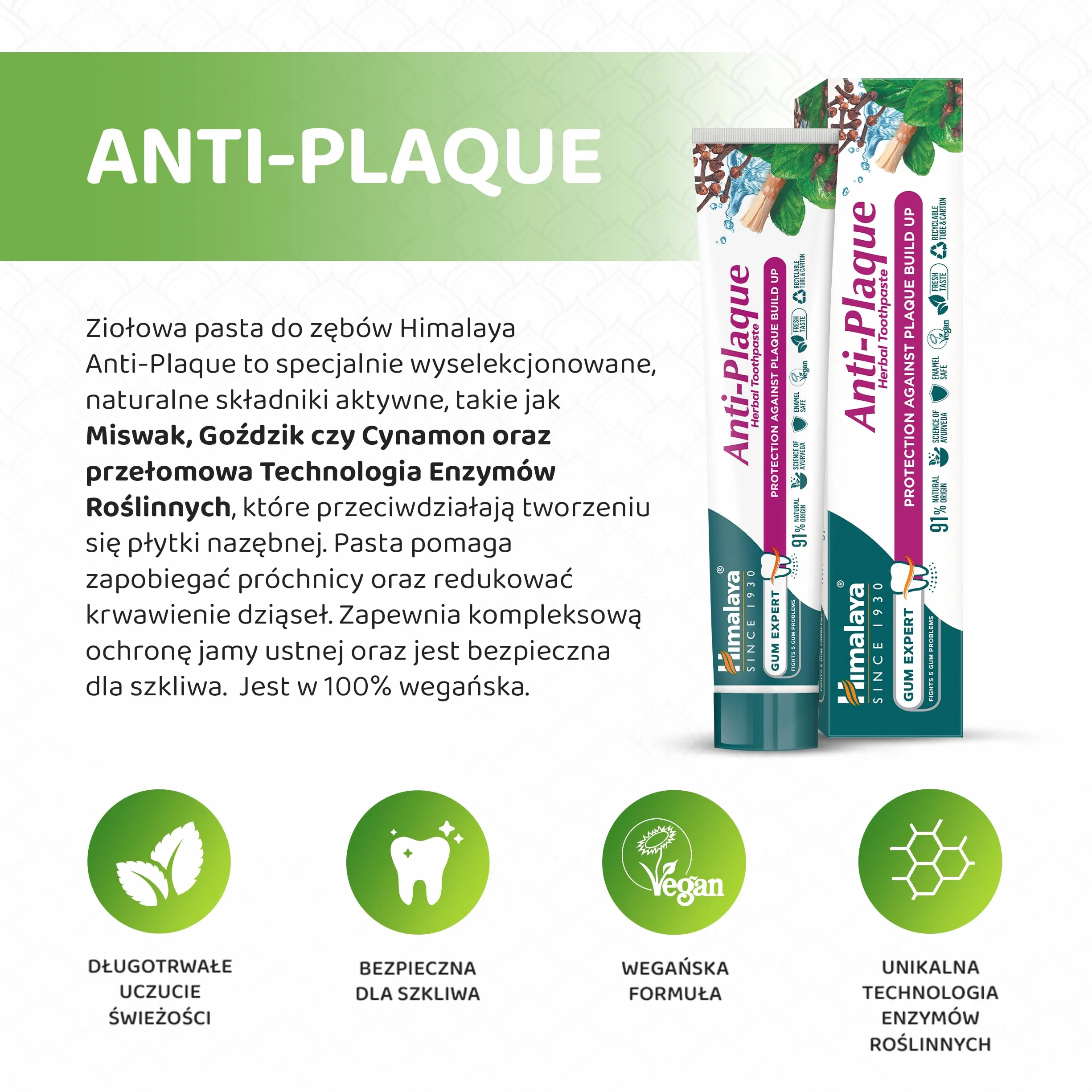 Himalaya Anti-Plaque Ziołowa Pasta do Zębów 75 ml | Skład Naturalnego Pochodzenia | Ochrona przed Płytką Nazębną | Wegańska Formuła bez Fluoru| Bezpieczna dla Szkliwa | Świeży Oddech