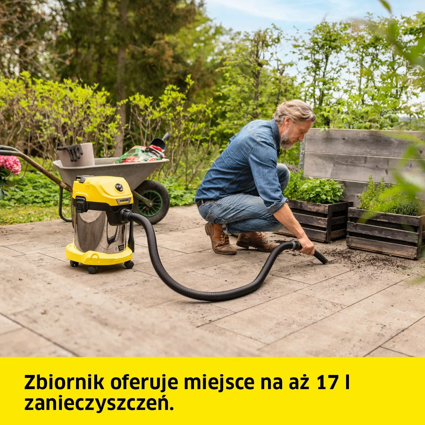 Kärcher Bezprzewodowy odkurzacz do pracy na sucho/mokro WD 3-18, z filtrem, szczeliną i ssawką do odkurzania na mokro/na sucho, 225 W, pojemnik ze stali nierdzewnej