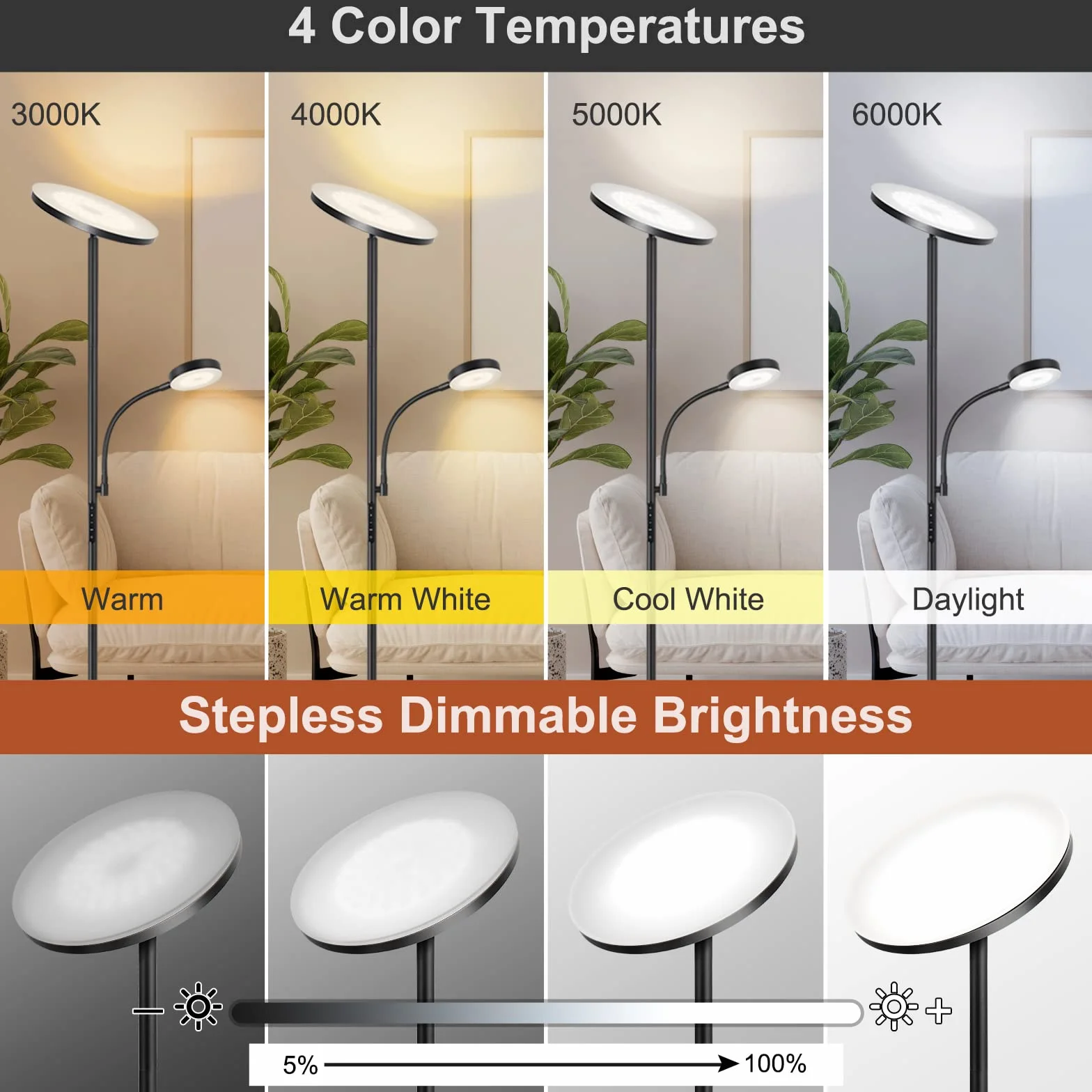 OUTON Lampa stojąca LED, ściemniana, z lampką do czytania, 27 W/2400 lm, lampa do czytania 7 W, 4 temperatury barwowe, pilot zdalnego sterowania dotykowego, timer 1H, 178 cm, lampa stojąca do salonu