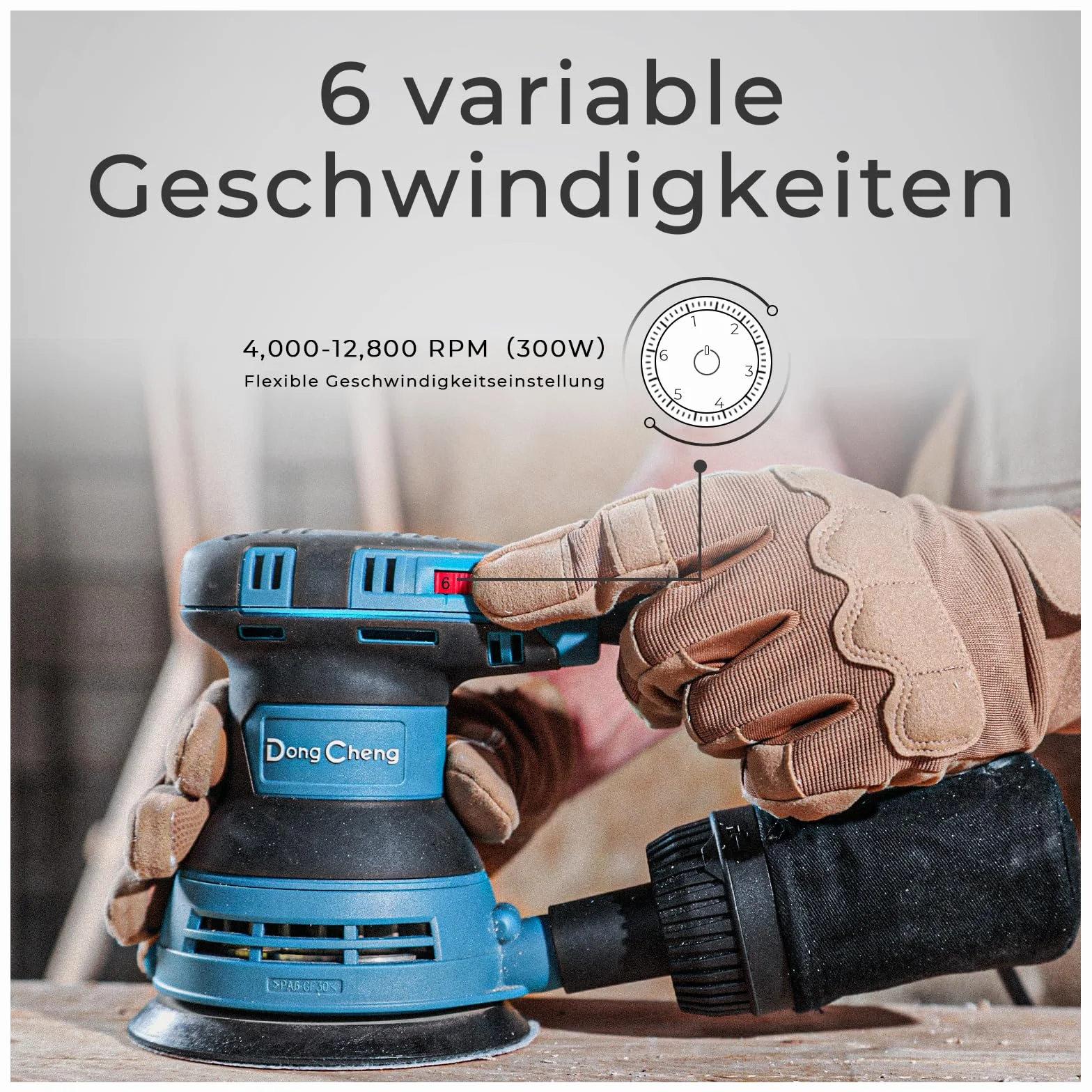 Dong Cheng Szlifierka mimośrodowa 300 W, 125 mm, 6 prędkości, 4000 – 12000 obr./min, system zbierania kurzu z 10 tarczami szlifierskimi, idealna do projektów obróbki drewna