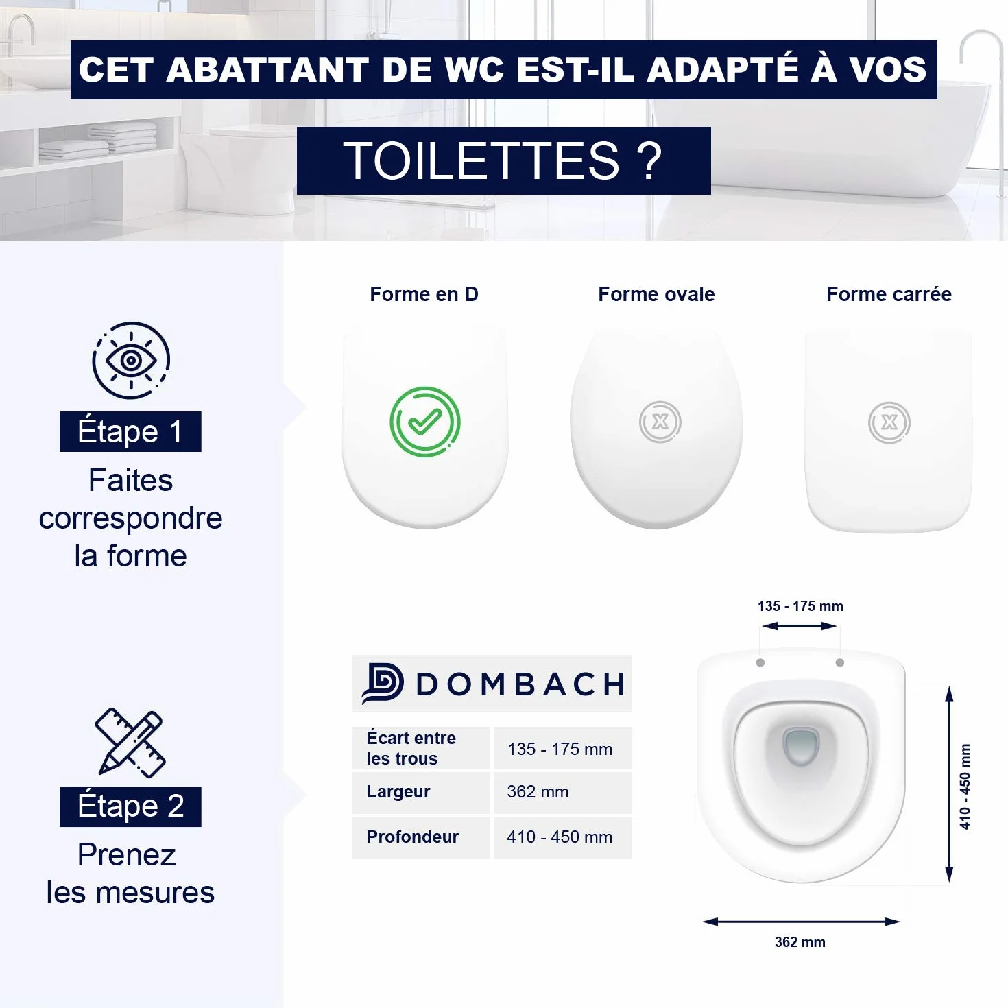 Dombach Senzano Premium deska sedesowa w kształcie litery D, wolnoopadająca innowacyjna deska sedesowa, zdejmowana, antybakteryjna, z duroplastu i stali nierdzewnej