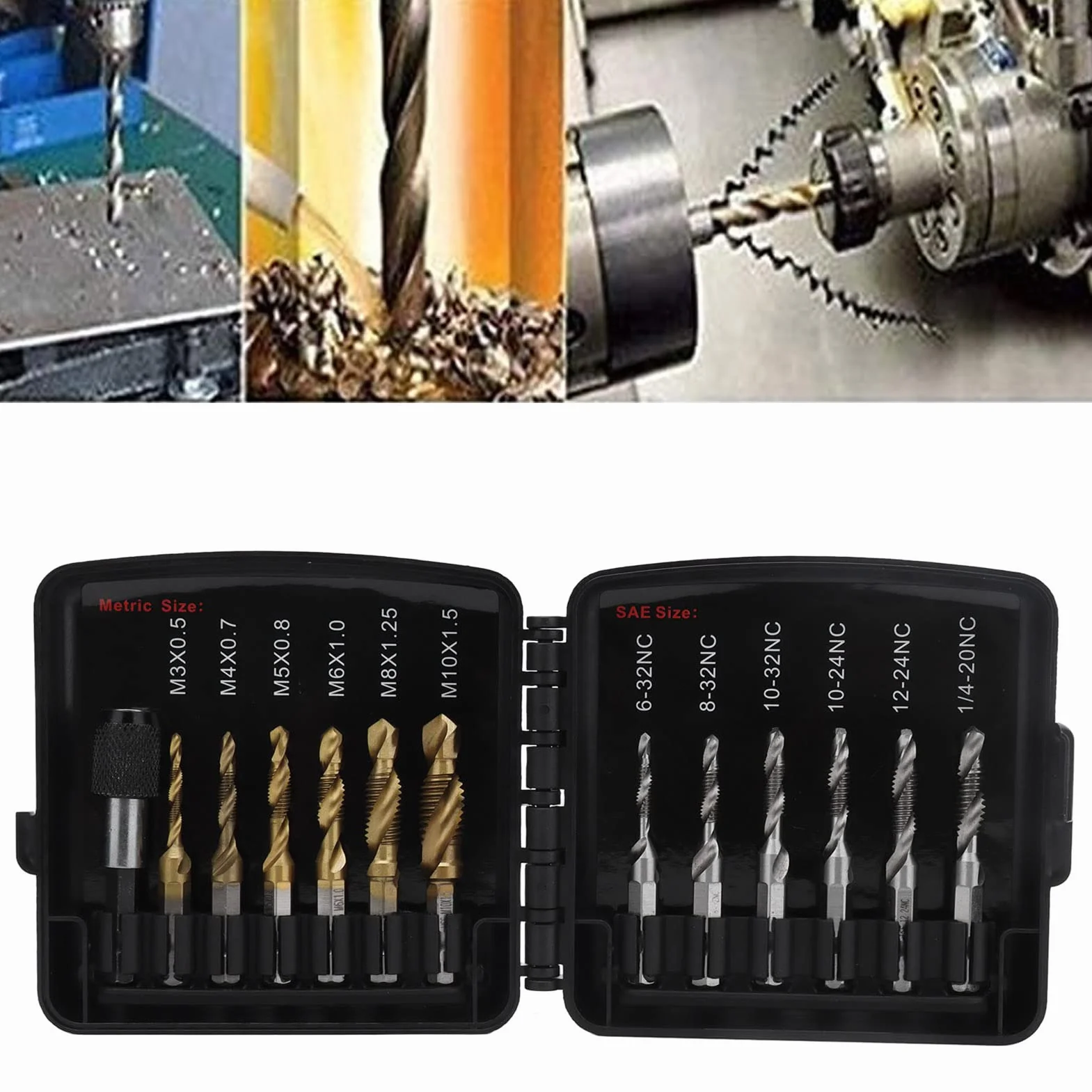 Zestaw wierteł do gwintowników, narzędzia do gwintowania 1/4 cala, system amerykański HSS metryczny Ti Plated Adapter Pure + Fast Change do wiercenia gwintów wkrętów