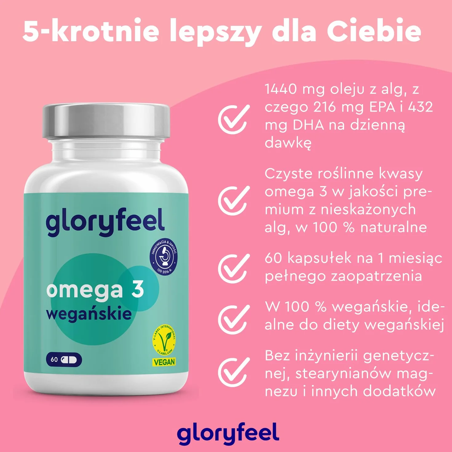 Omega-3 wegańskie z oleju z alg (1440 mg), kapsułka - markowy surowiec Life's™ OMEGA-wysoka dawka 432 mg DHA i 216 mg EPA (w postaci trójglicerydów) -testowane laboratoryjnie i produkowane w Niemczech